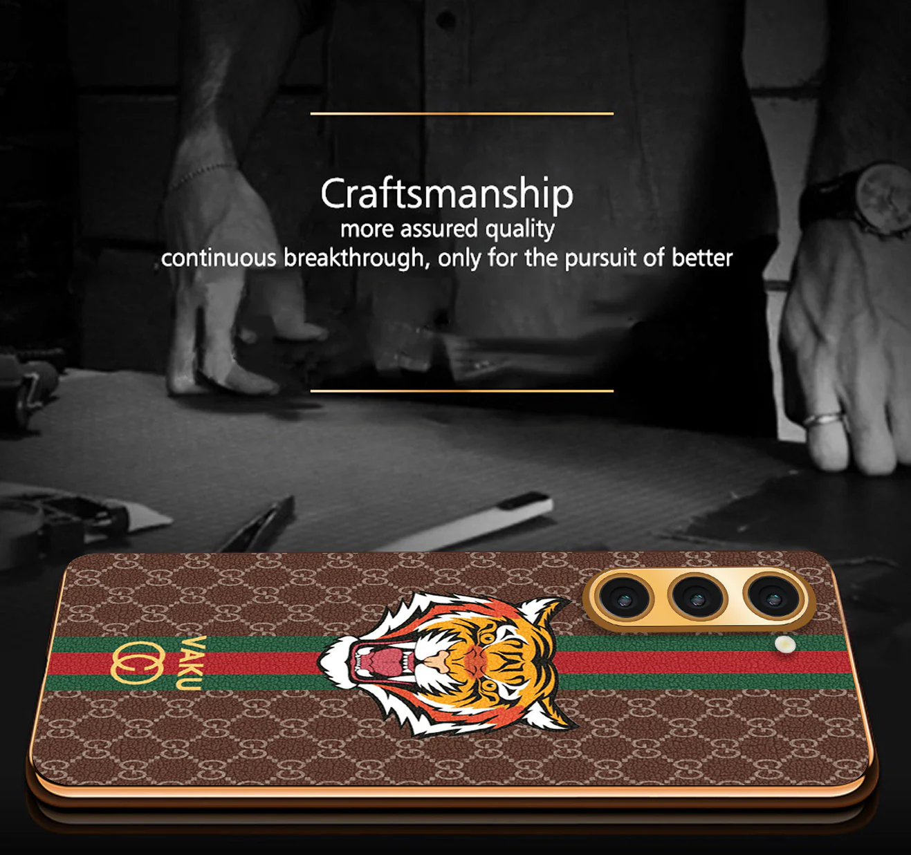 Vaku® Samsung Galaxy S23 Plus Lynx Leather Stitched Gold Electroplated Soft TPU Back Cover Case - Image 11