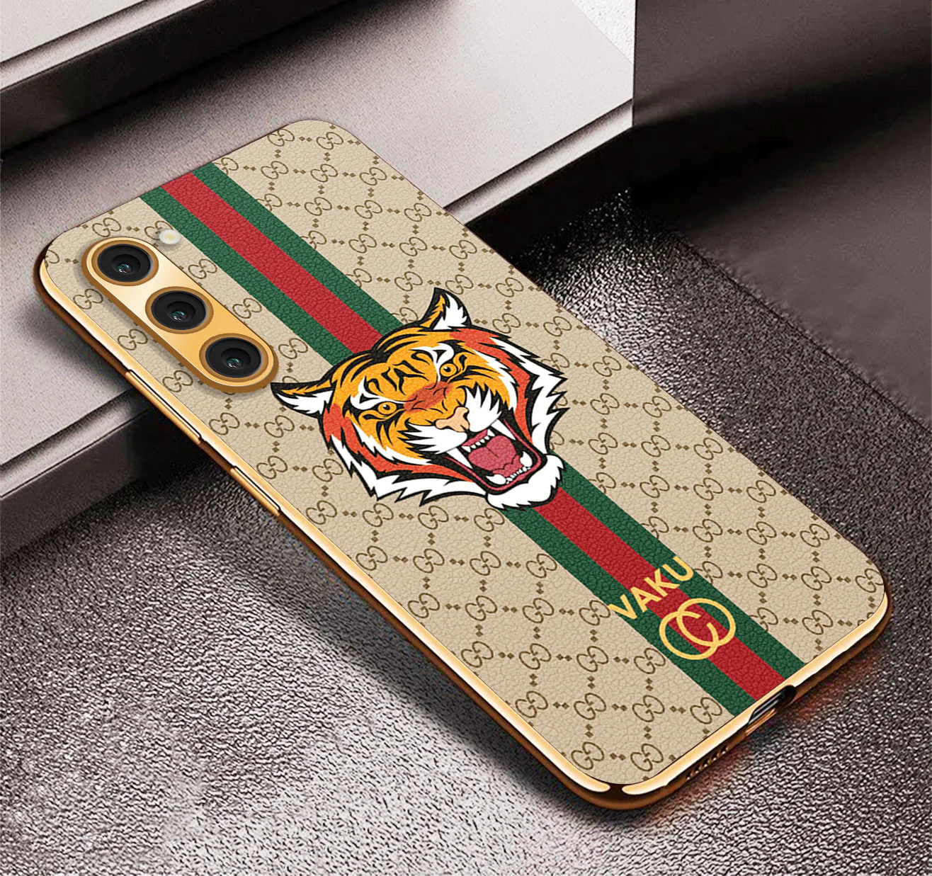 Vaku® Samsung Galaxy S23 Plus Lynx Leather Stitched Gold Electroplated Soft TPU Back Cover Case - Image 14