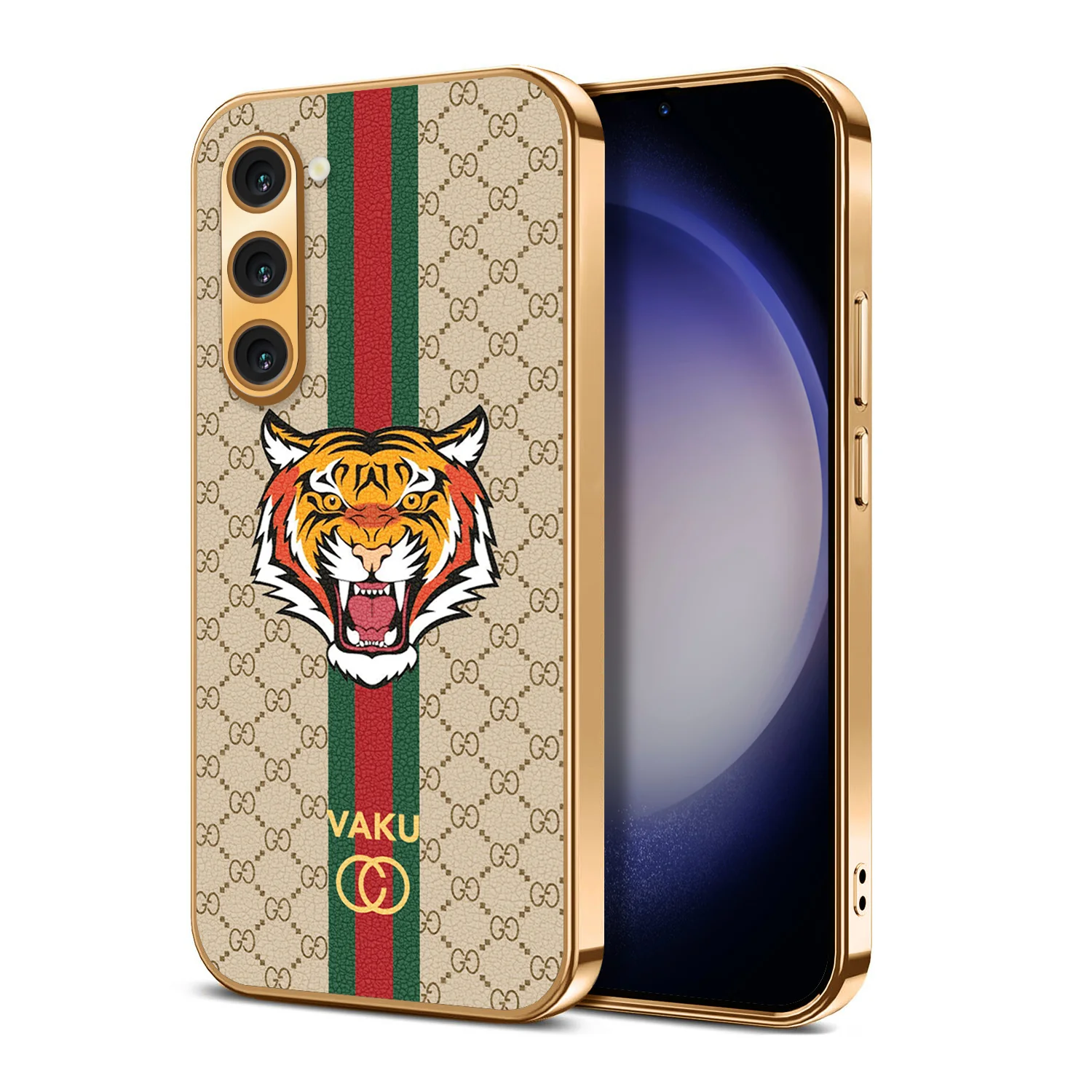 Vaku® Samsung Galaxy S23 Plus Lynx Leather Stitched Gold Electroplated Soft TPU Back Cover Case - Image 5