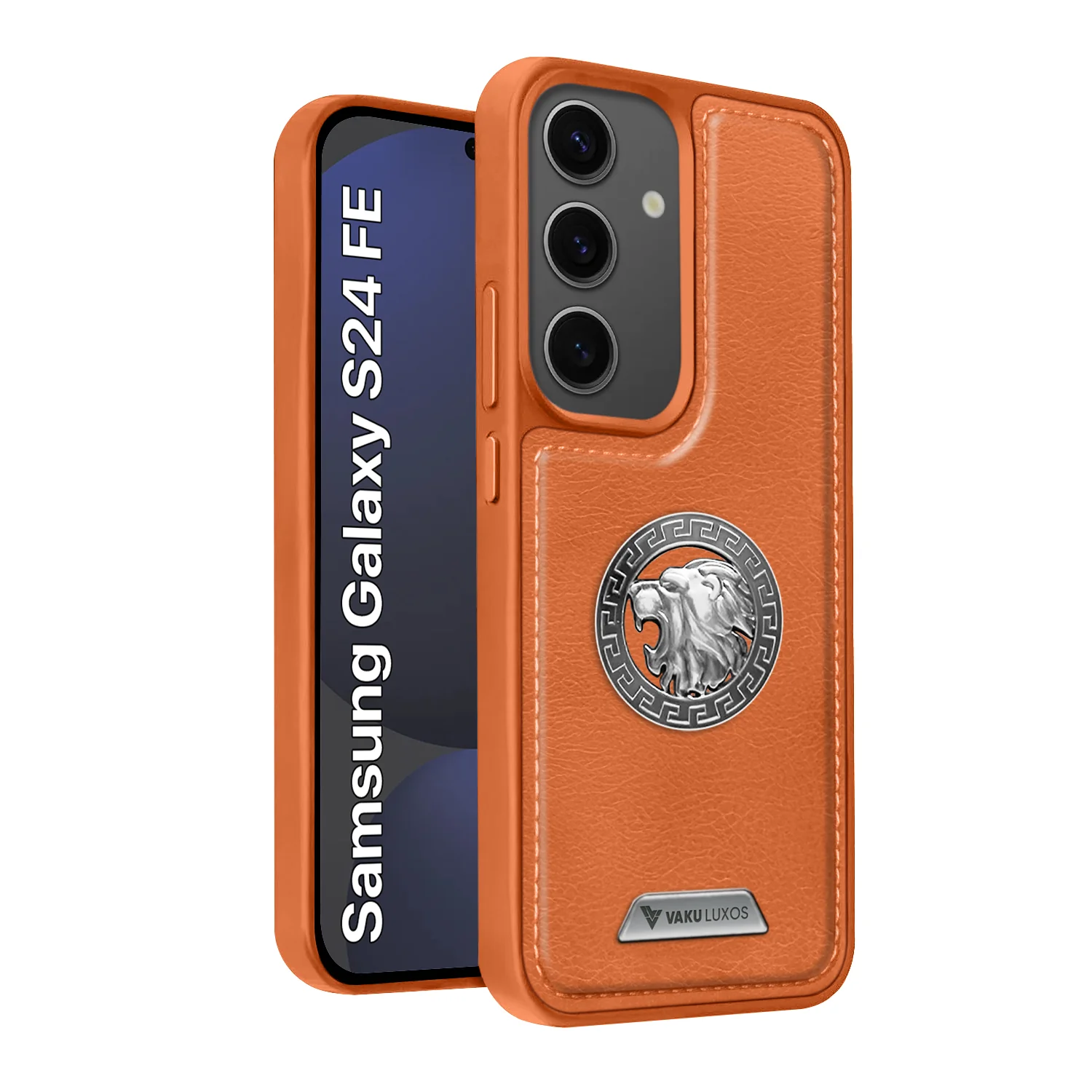 Vaku ® Samsung Galaxy S24 FE Regal Shield Metal Lion Engraved Leather Back Cover