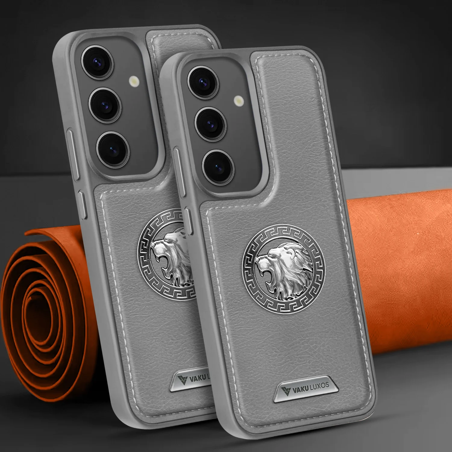 Vaku ® Samsung Galaxy S24 FE Regal Shield Metal Lion Engraved Leather Back Cover - Image 12