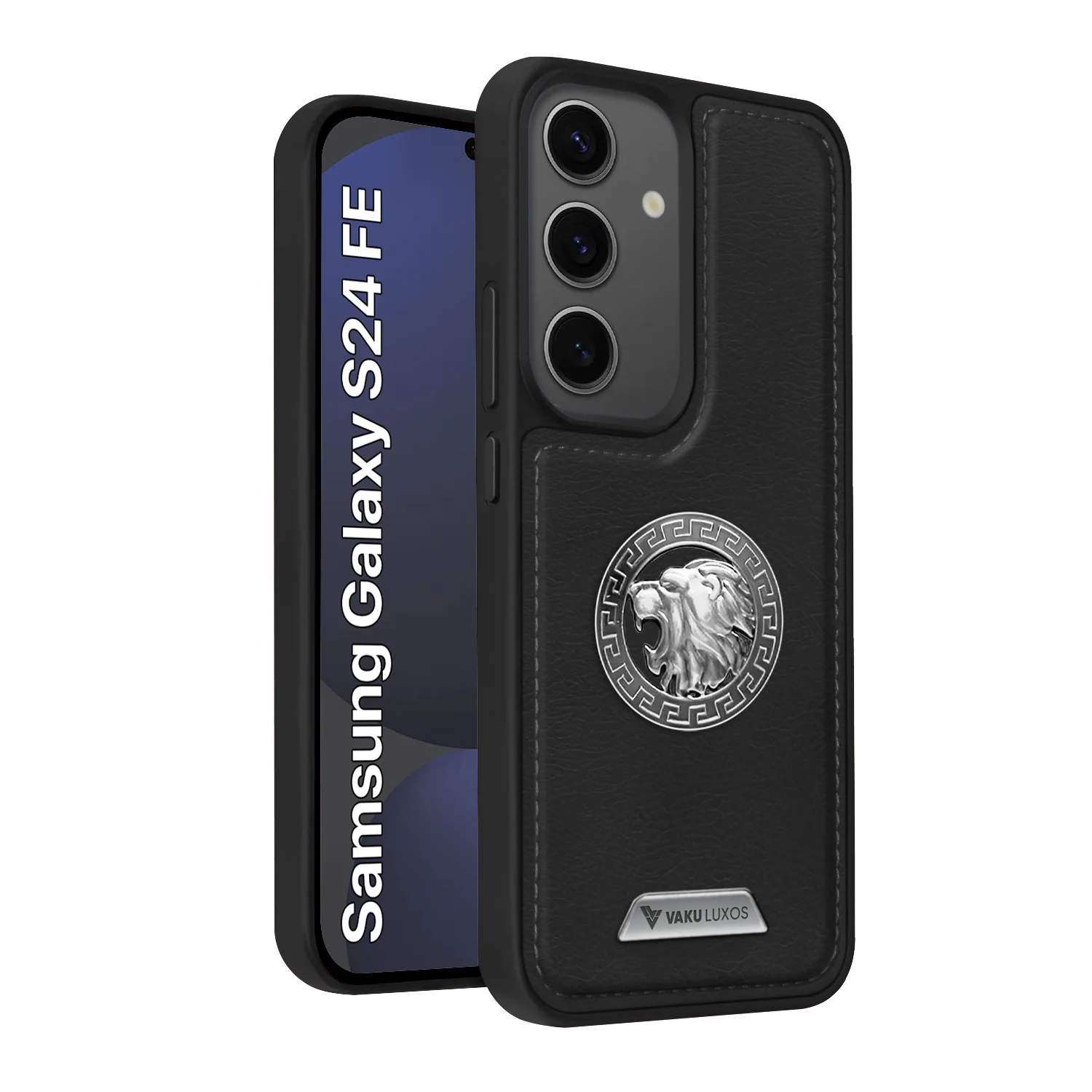 Vaku ® Samsung Galaxy S24 FE Regal Shield Metal Lion Engraved Leather Back Cover - Image 2
