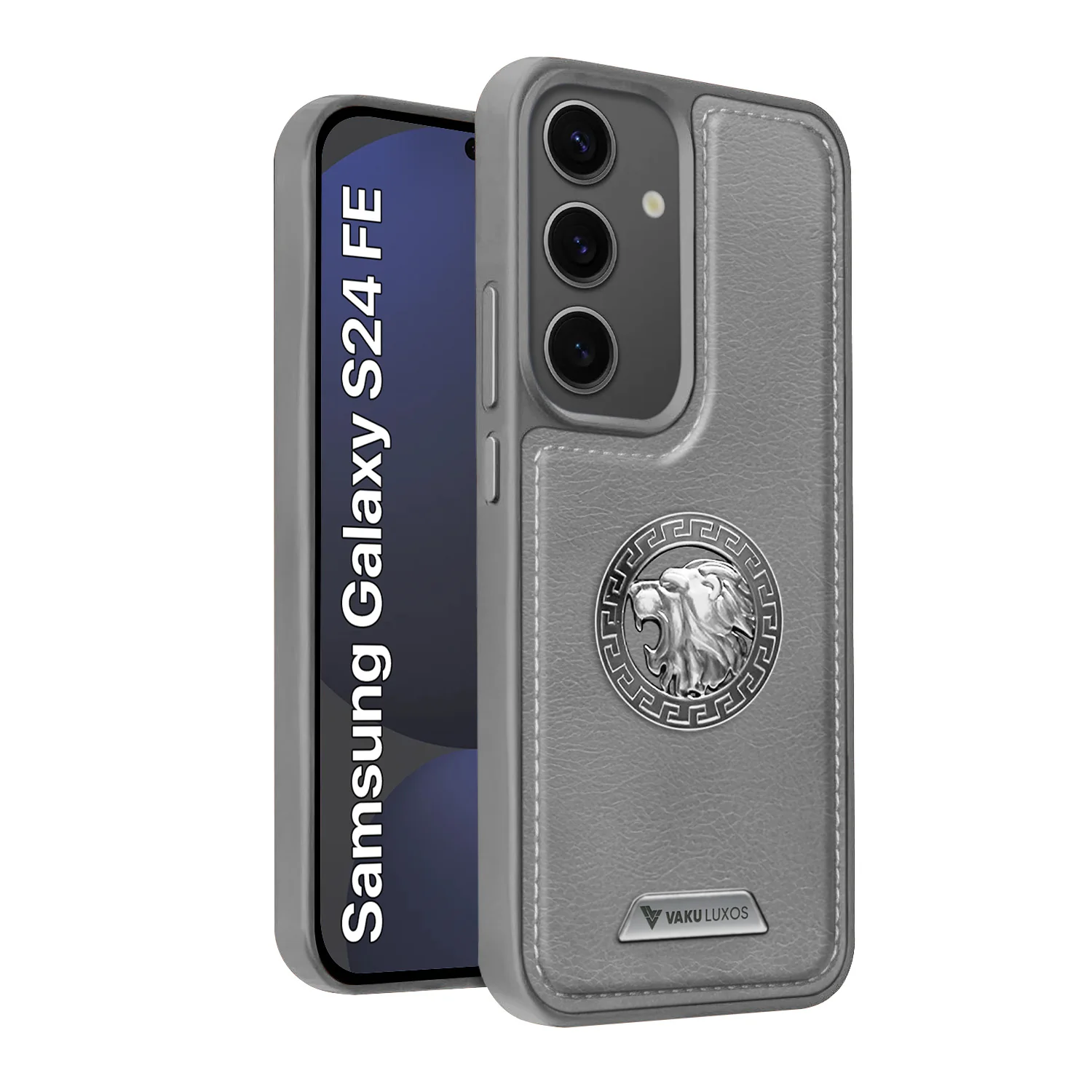 Vaku ® Samsung Galaxy S24 FE Regal Shield Metal Lion Engraved Leather Back Cover - Image 3