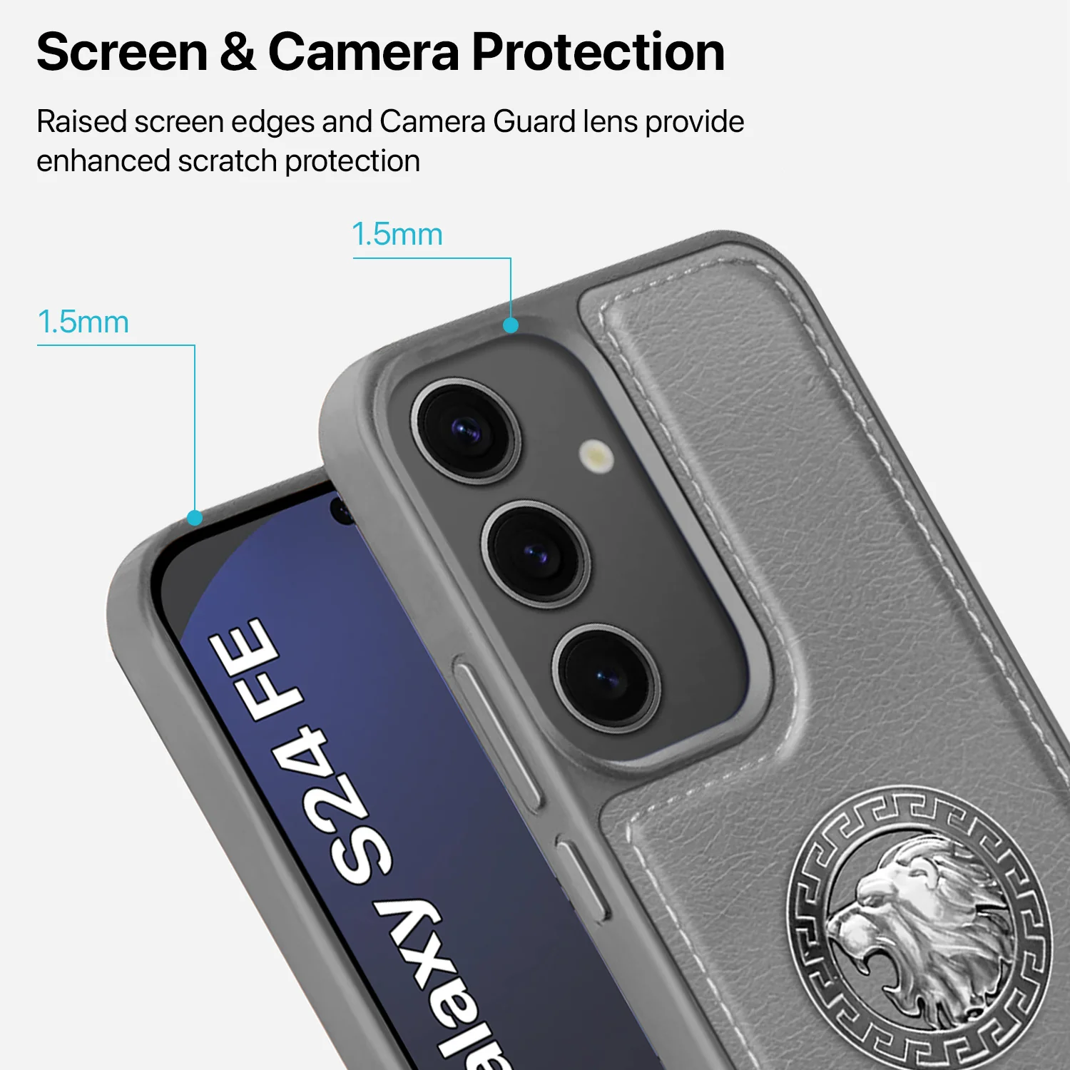 Vaku ® Samsung Galaxy S24 FE Regal Shield Metal Lion Engraved Leather Back Cover - Image 4