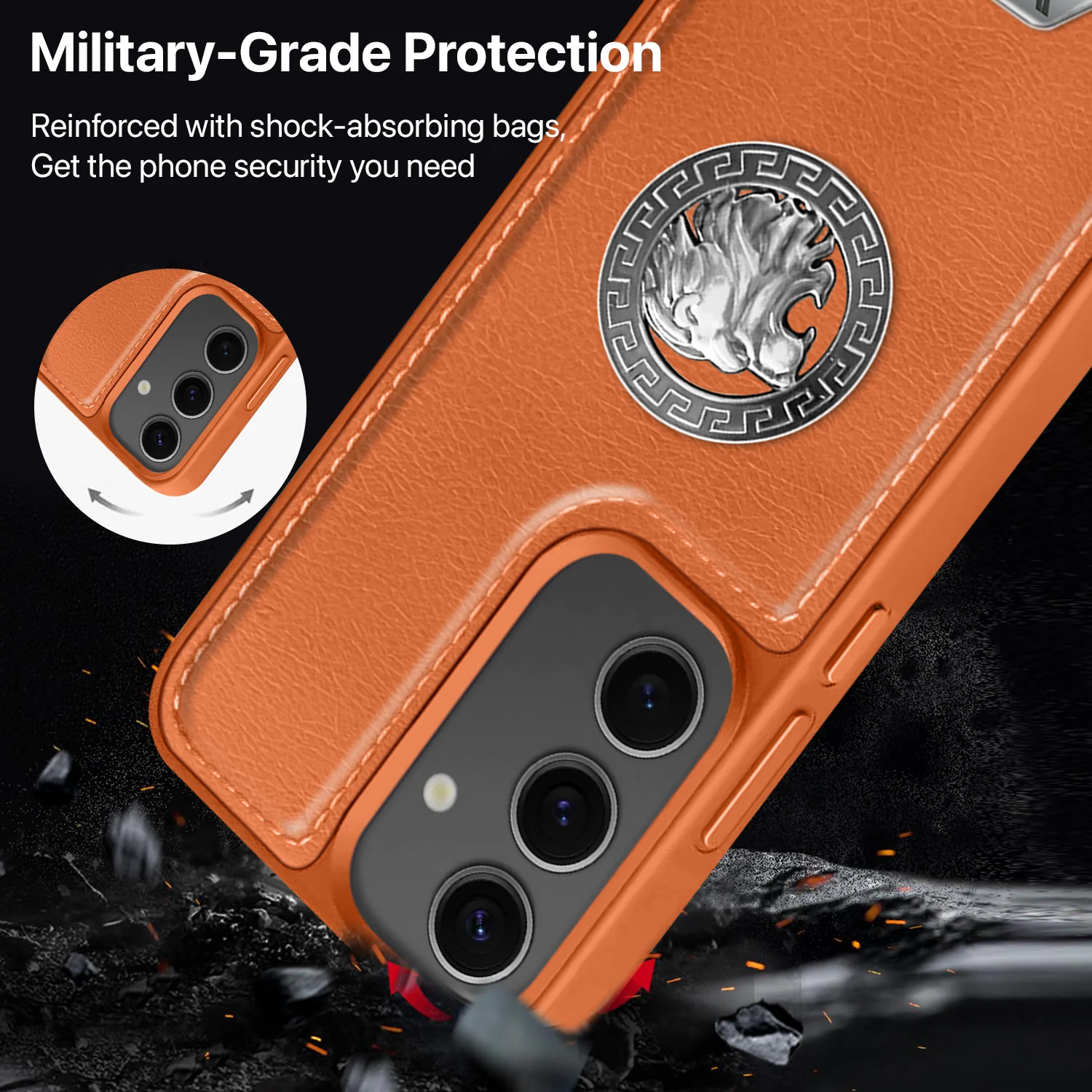 Vaku ® Samsung Galaxy S24 FE Regal Shield Metal Lion Engraved Leather Back Cover - Image 5