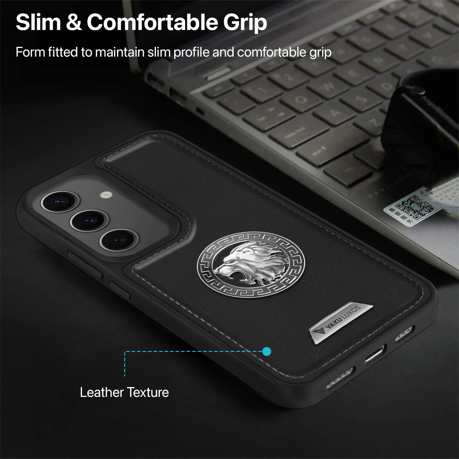 Vaku ® Samsung Galaxy S24 FE Regal Shield Metal Lion Engraved Leather Back Cover - Image 7