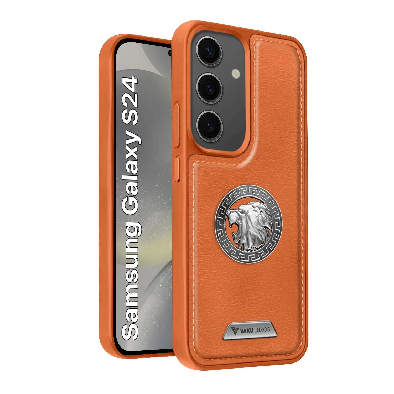 Vaku ® Samsung Galaxy S24 Regal Shield Metal Lion Engraved Leather Back Cover
