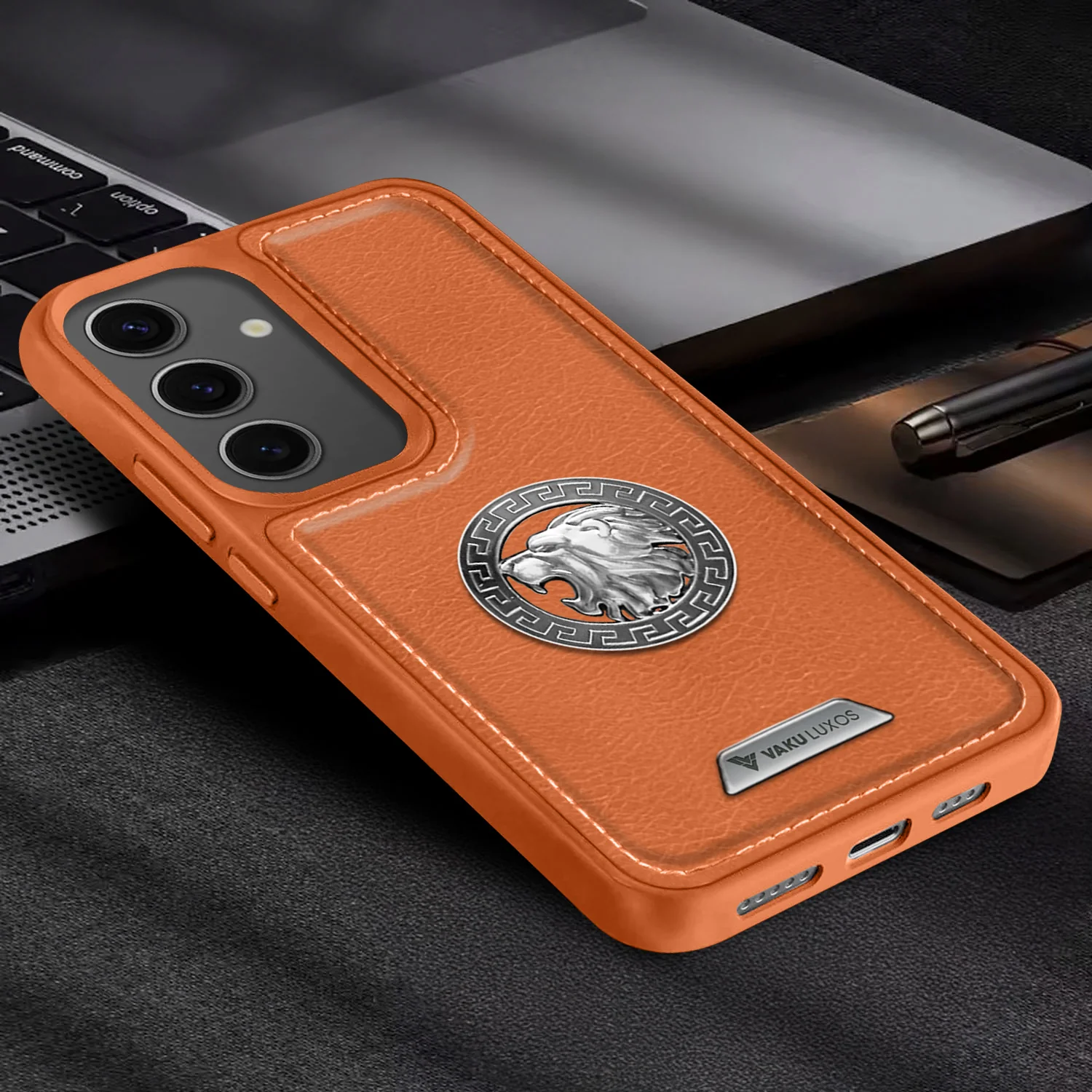 Vaku ® Samsung Galaxy S24 Regal Shield Metal Lion Engraved Leather Back Cover - Image 14