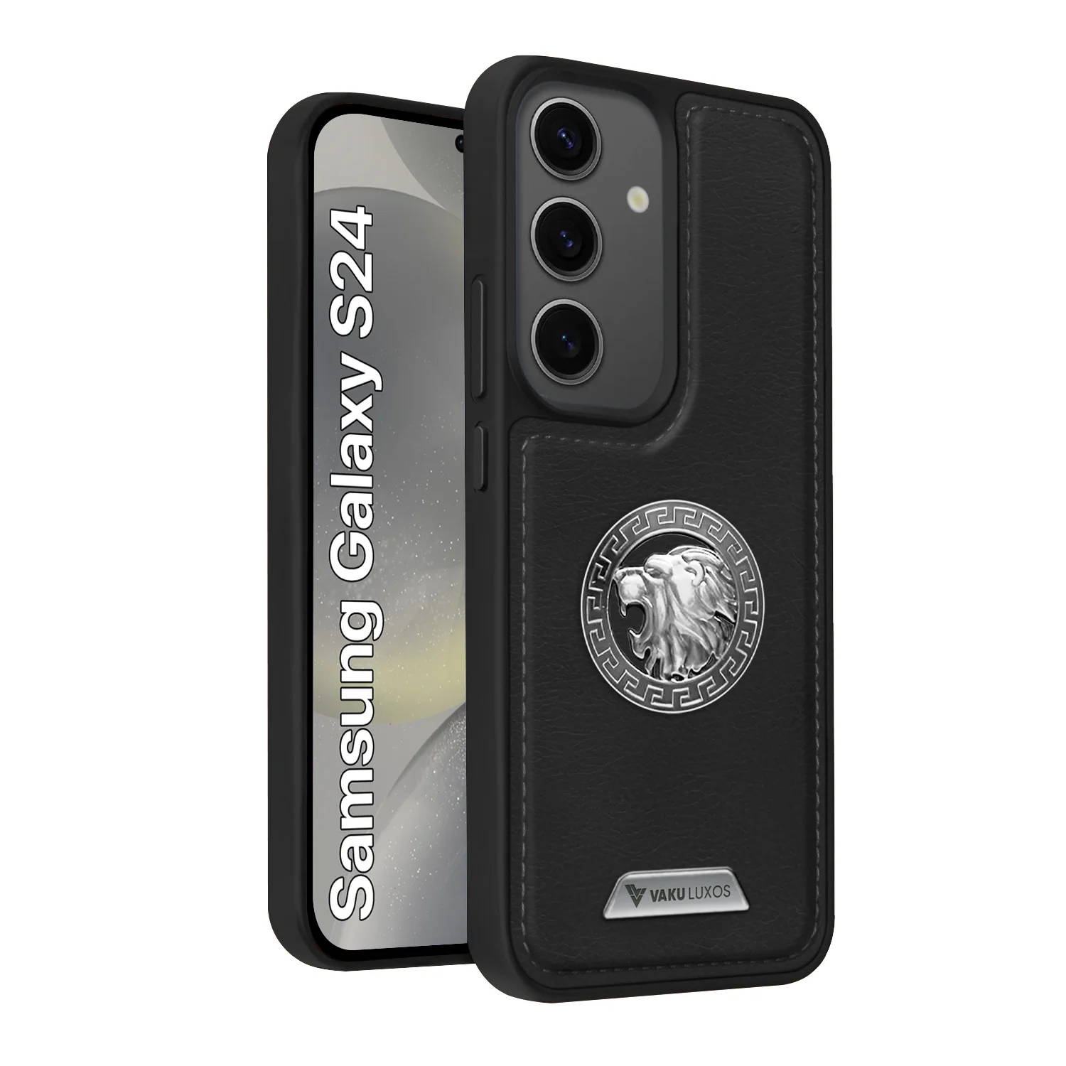 Vaku ® Samsung Galaxy S24 Regal Shield Metal Lion Engraved Leather Back Cover - Image 2