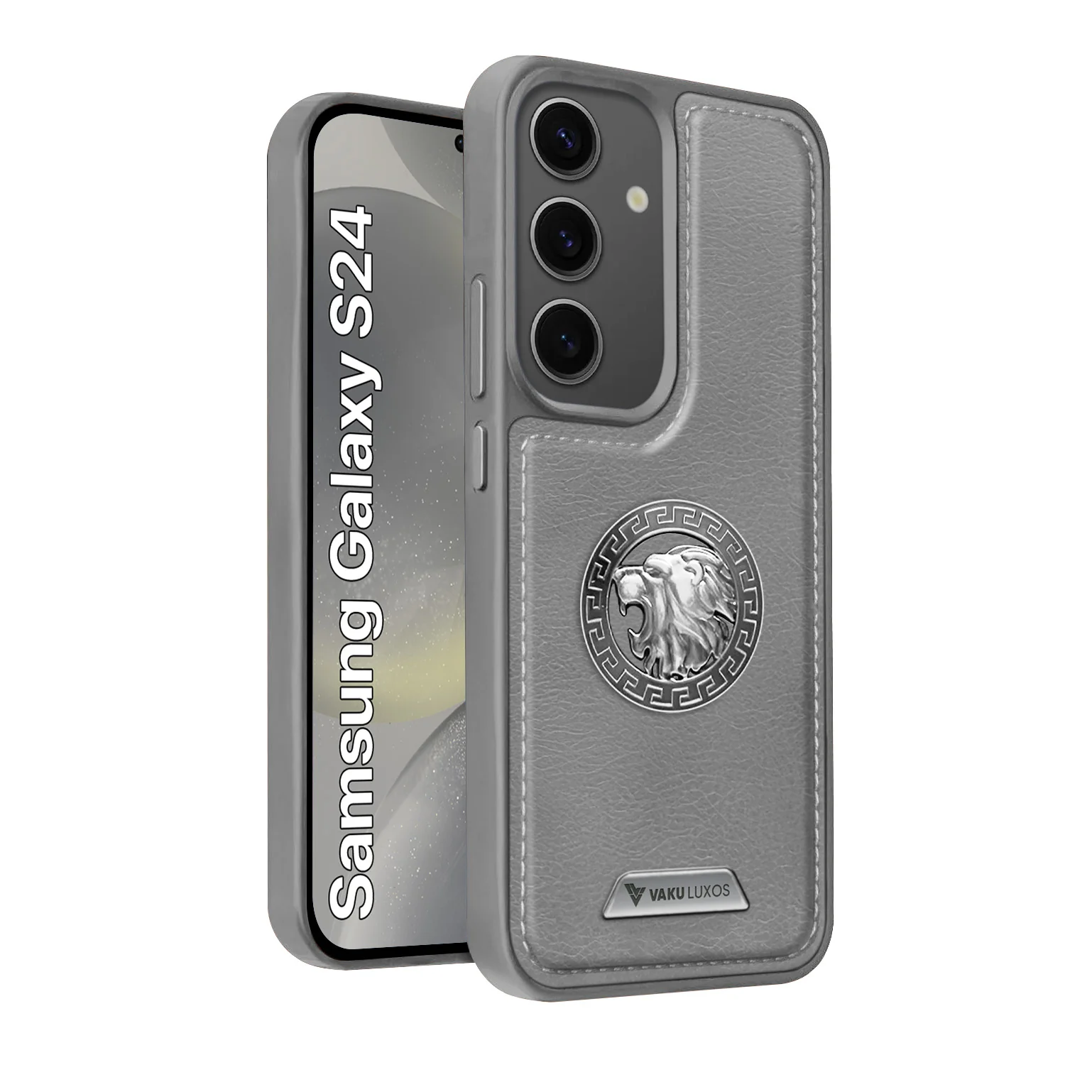 Vaku ® Samsung Galaxy S24 Regal Shield Metal Lion Engraved Leather Back Cover - Image 3