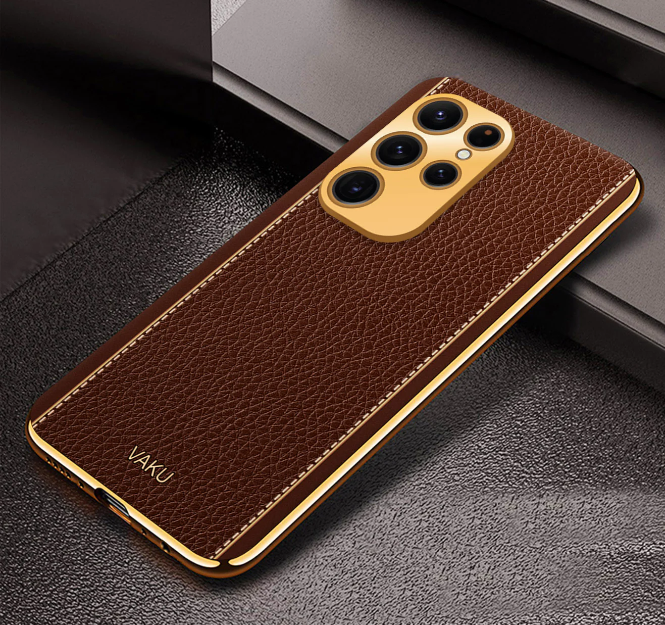 Vaku® Samsung Galaxy S24 Ultra Luxemberg Leather Pattern Gold Electroplated Soft TPU Back Cover