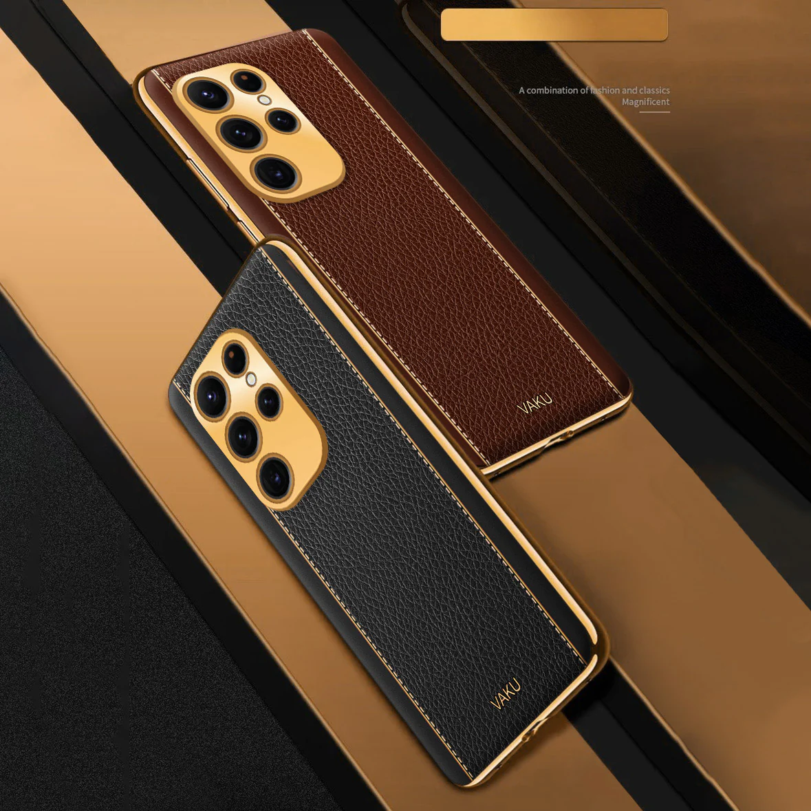 Vaku® Samsung Galaxy S24 Ultra Luxemberg Leather Pattern Gold Electroplated Soft TPU Back Cover - Image 3