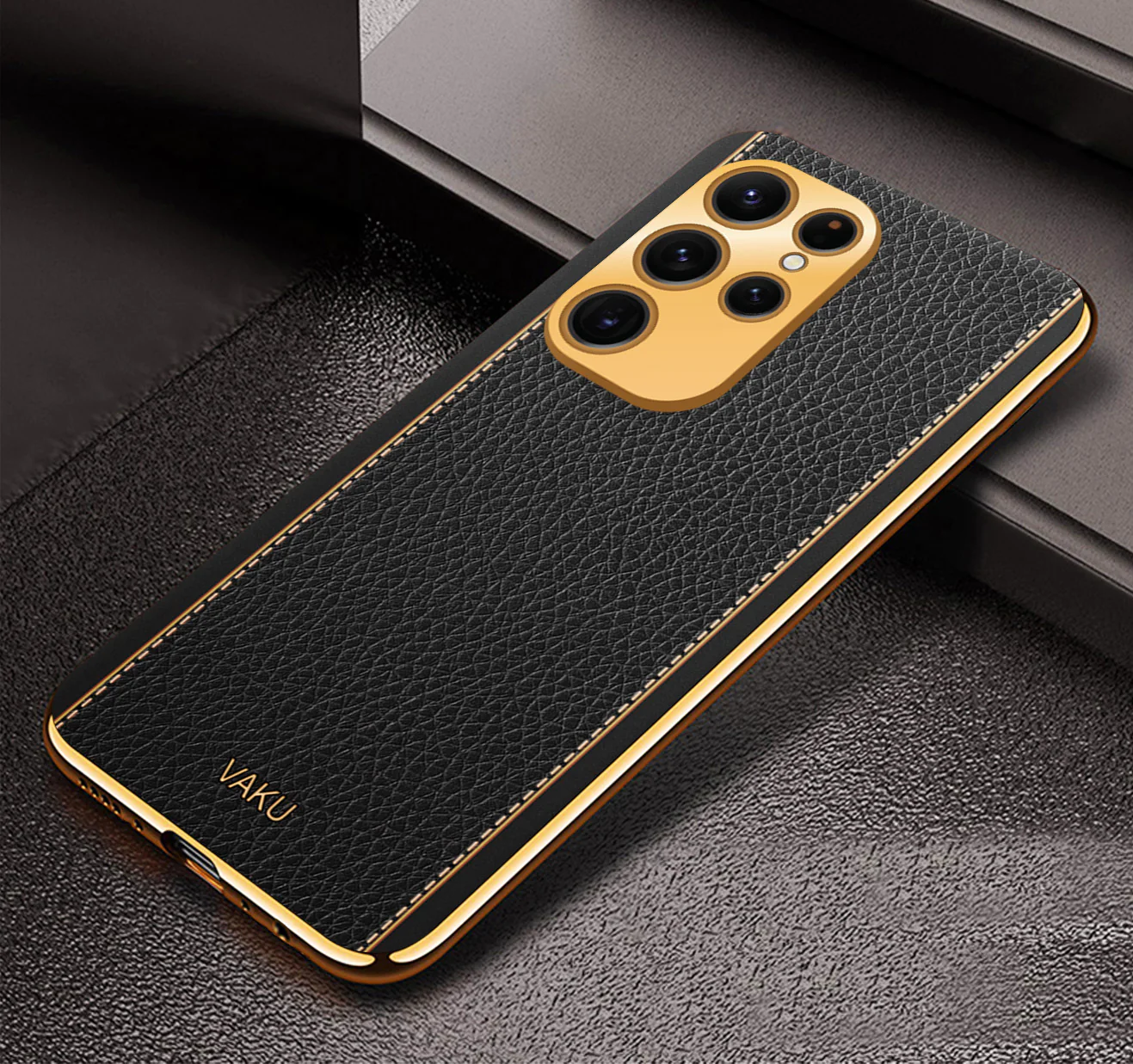 Vaku® Samsung Galaxy S24 Ultra Luxemberg Leather Pattern Gold Electroplated Soft TPU Back Cover - Image 6