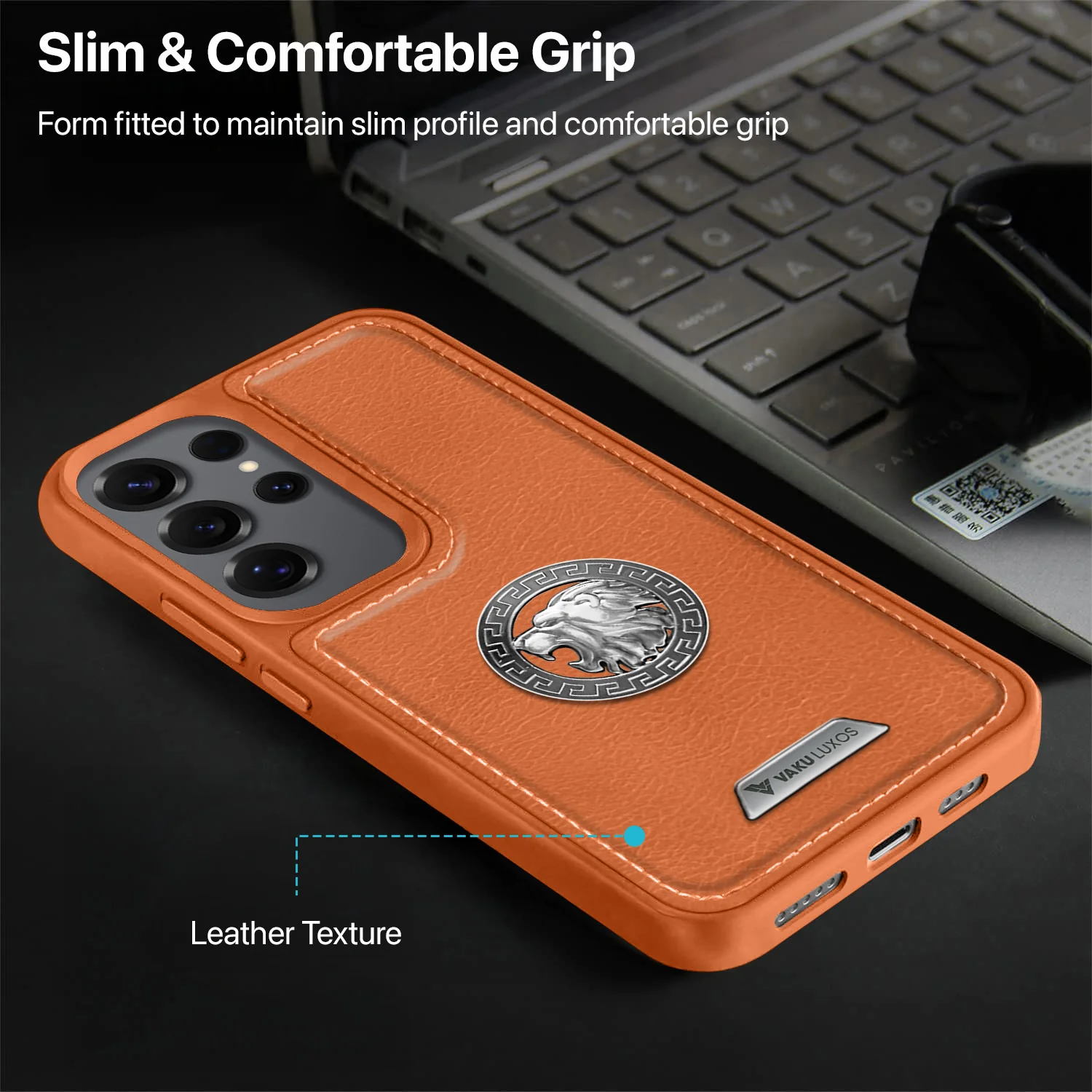 Vaku ® Samsung Galaxy S24 Ultra Regal Shield Metal Lion Engraved Leather Back Cover - Image 10