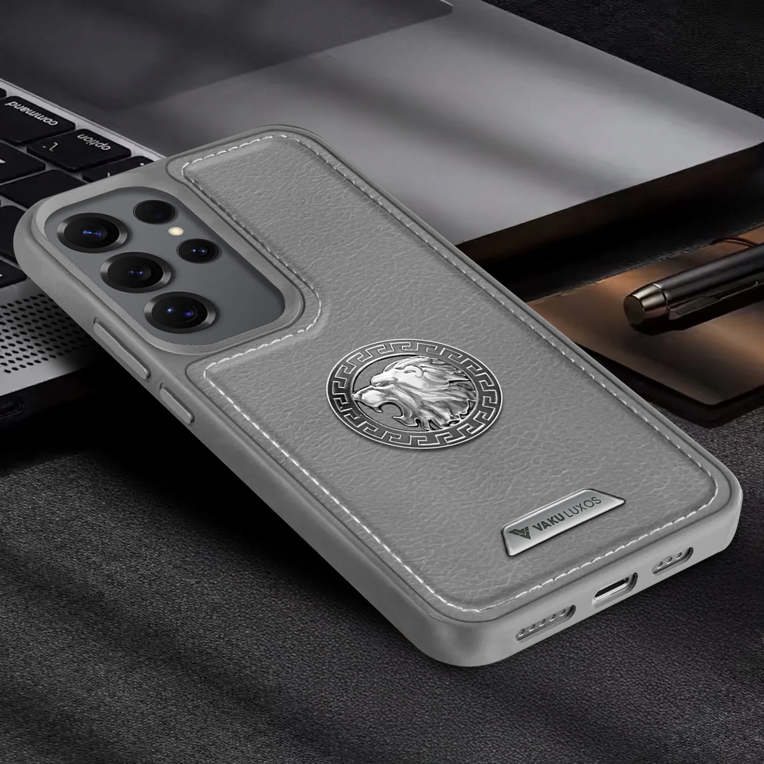 Vaku ® Samsung Galaxy S24 Ultra Regal Shield Metal Lion Engraved Leather Back Cover - Image 14