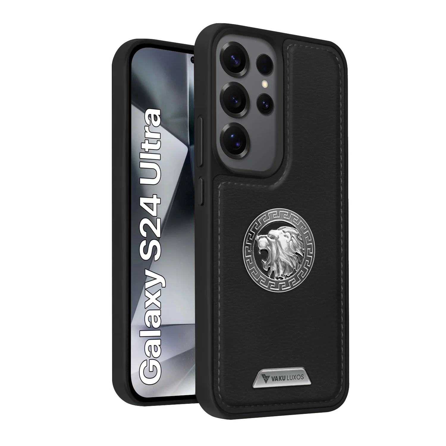Vaku ® Samsung Galaxy S24 Ultra Regal Shield Metal Lion Engraved Leather Back Cover - Image 2