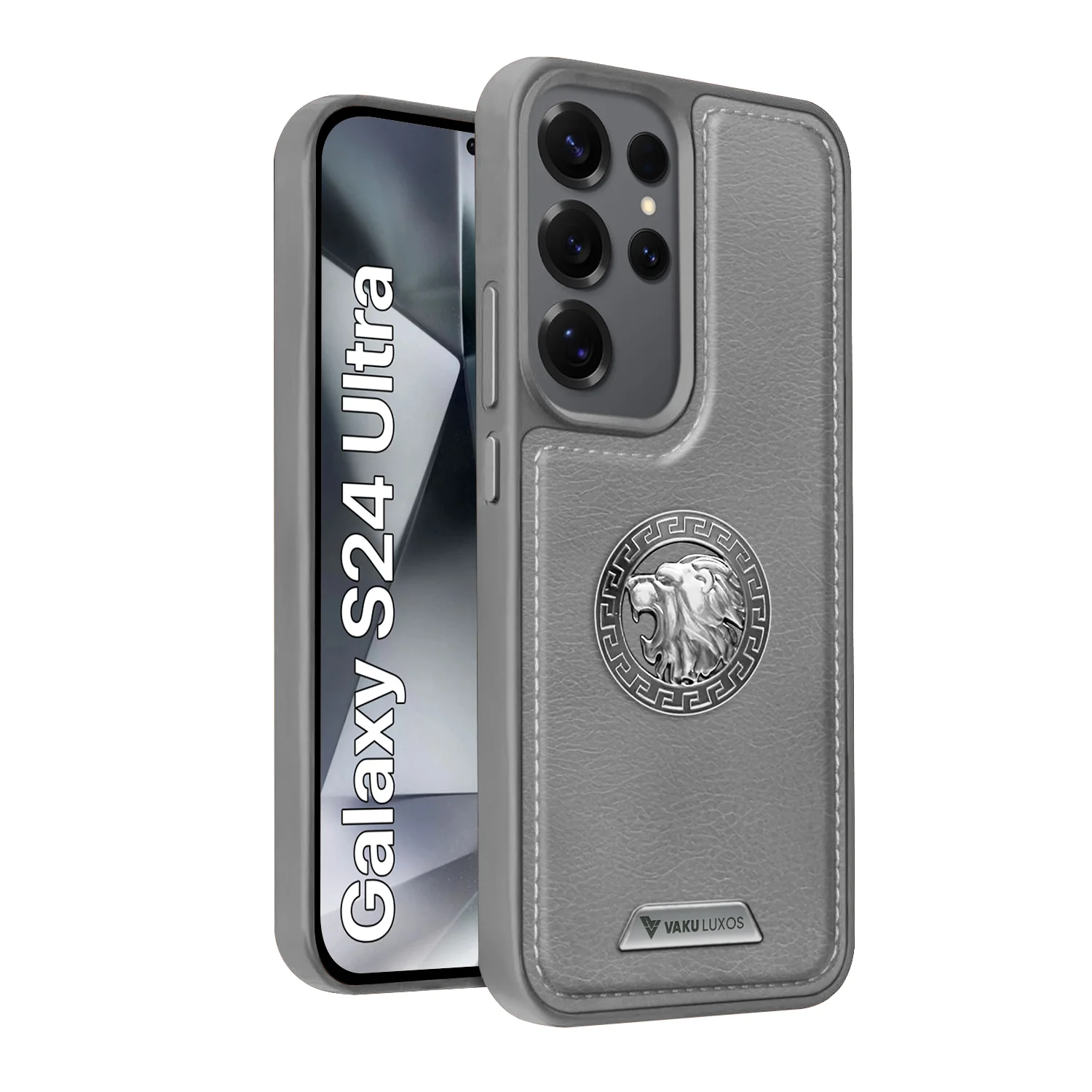 Vaku ® Samsung Galaxy S24 Ultra Regal Shield Metal Lion Engraved Leather Back Cover - Image 3