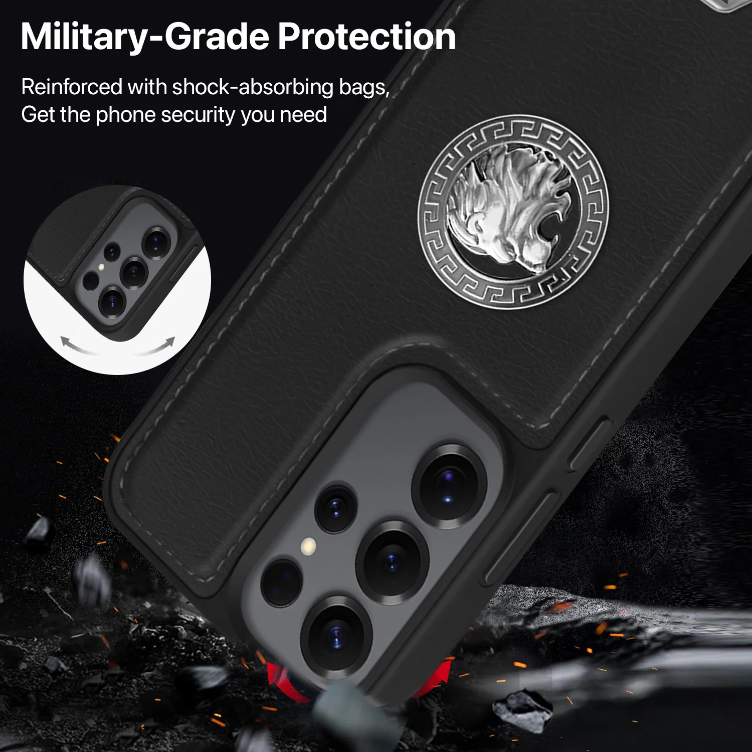 Vaku ® Samsung Galaxy S24 Ultra Regal Shield Metal Lion Engraved Leather Back Cover - Image 4