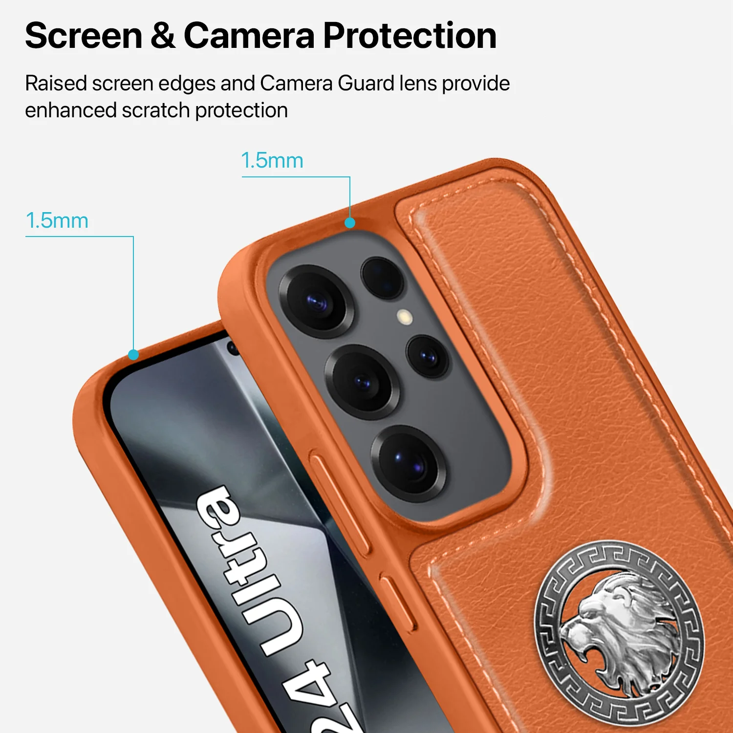 Vaku ® Samsung Galaxy S24 Ultra Regal Shield Metal Lion Engraved Leather Back Cover - Image 5