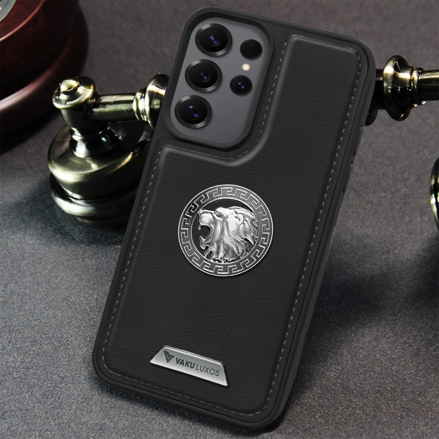 Vaku ® Samsung Galaxy S24 Ultra Regal Shield Metal Lion Engraved Leather Back Cover - Image 8