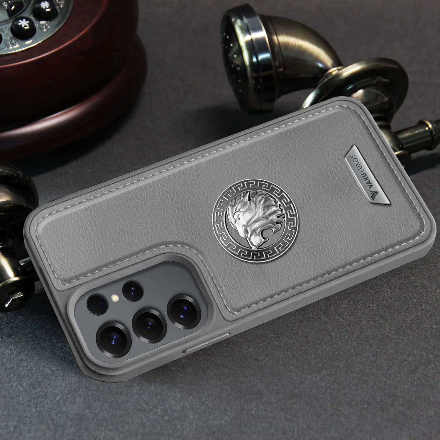 Vaku ® Samsung Galaxy S24 Ultra Regal Shield Metal Lion Engraved Leather Back Cover - Image 9
