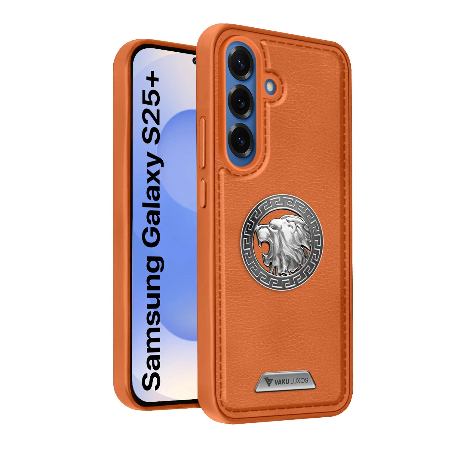 Vaku ® Samsung Galaxy S25 Plus Regal Shield Metal Lion Engraved Leather Back Cover