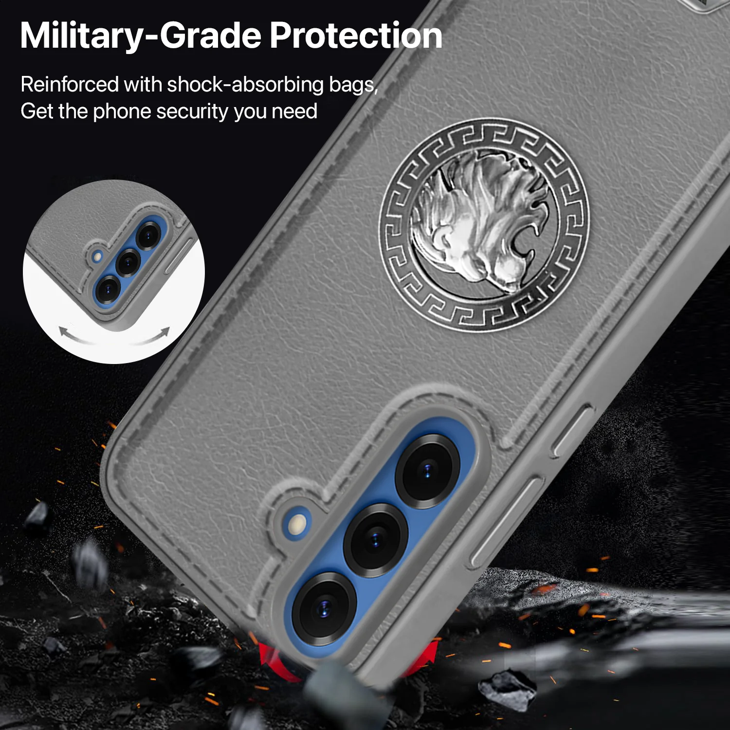 Vaku ® Samsung Galaxy S25 Plus Regal Shield Metal Lion Engraved Leather Back Cover - Image 3