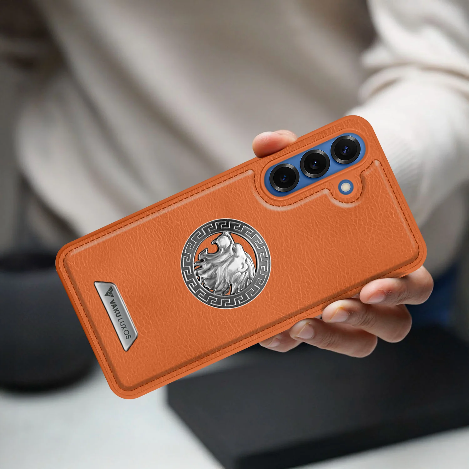 Vaku ® Samsung Galaxy S25 Plus Regal Shield Metal Lion Engraved Leather Back Cover - Image 4