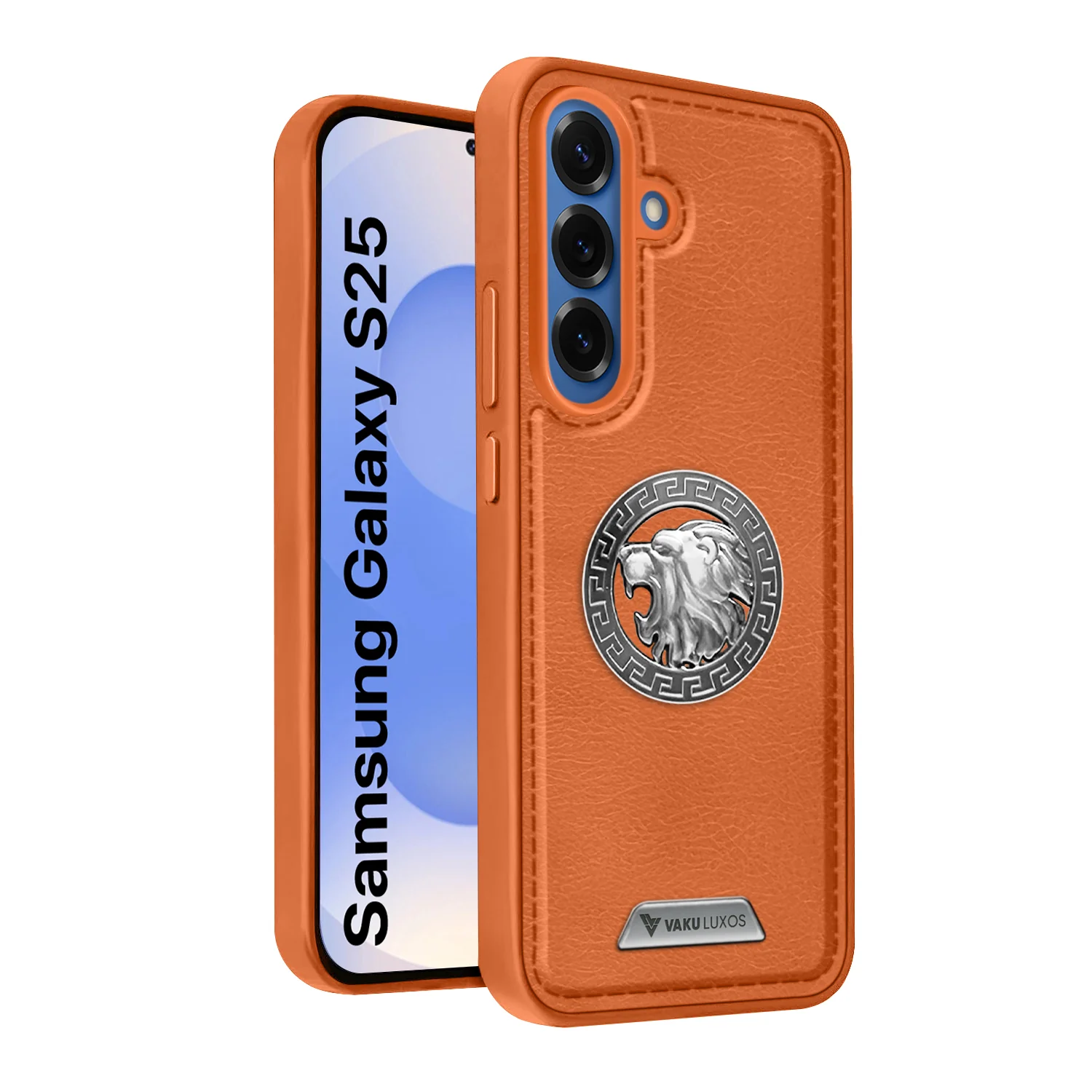 Vaku ® Samsung Galaxy S25 Regal Shield Metal Lion Engraved Leather Back Cover