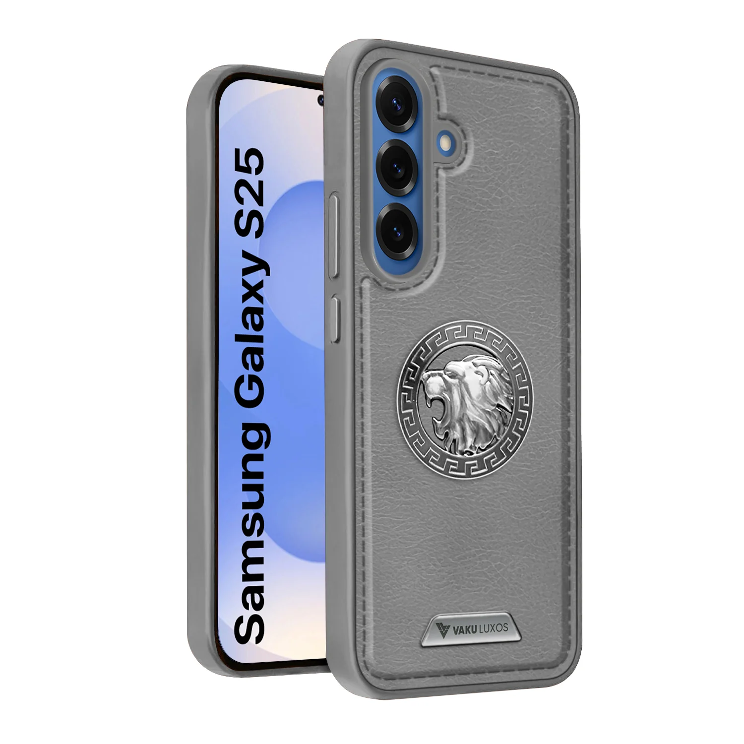 Vaku ® Samsung Galaxy S25 Regal Shield Metal Lion Engraved Leather Back Cover - Image 3
