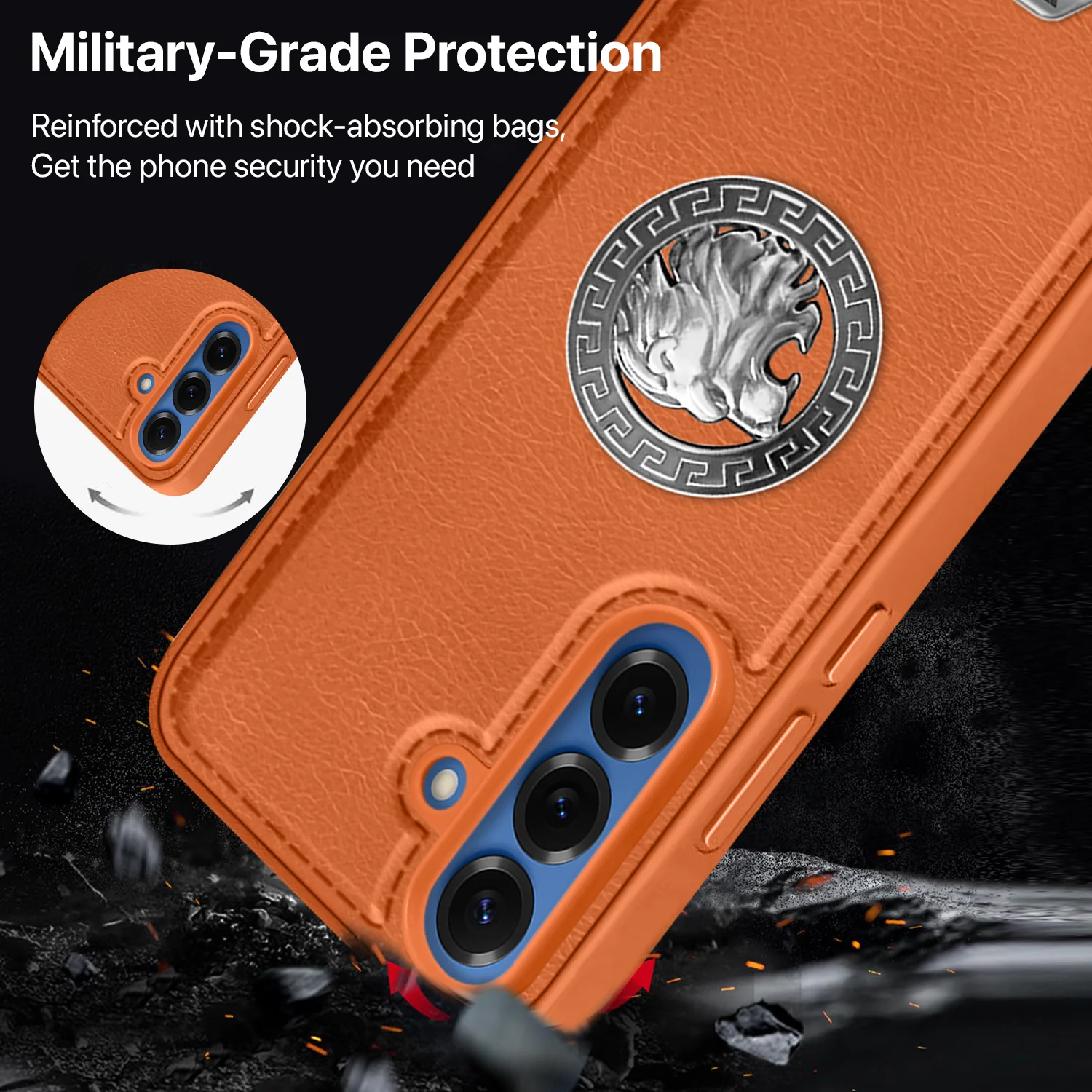 Vaku ® Samsung Galaxy S25 Regal Shield Metal Lion Engraved Leather Back Cover - Image 5