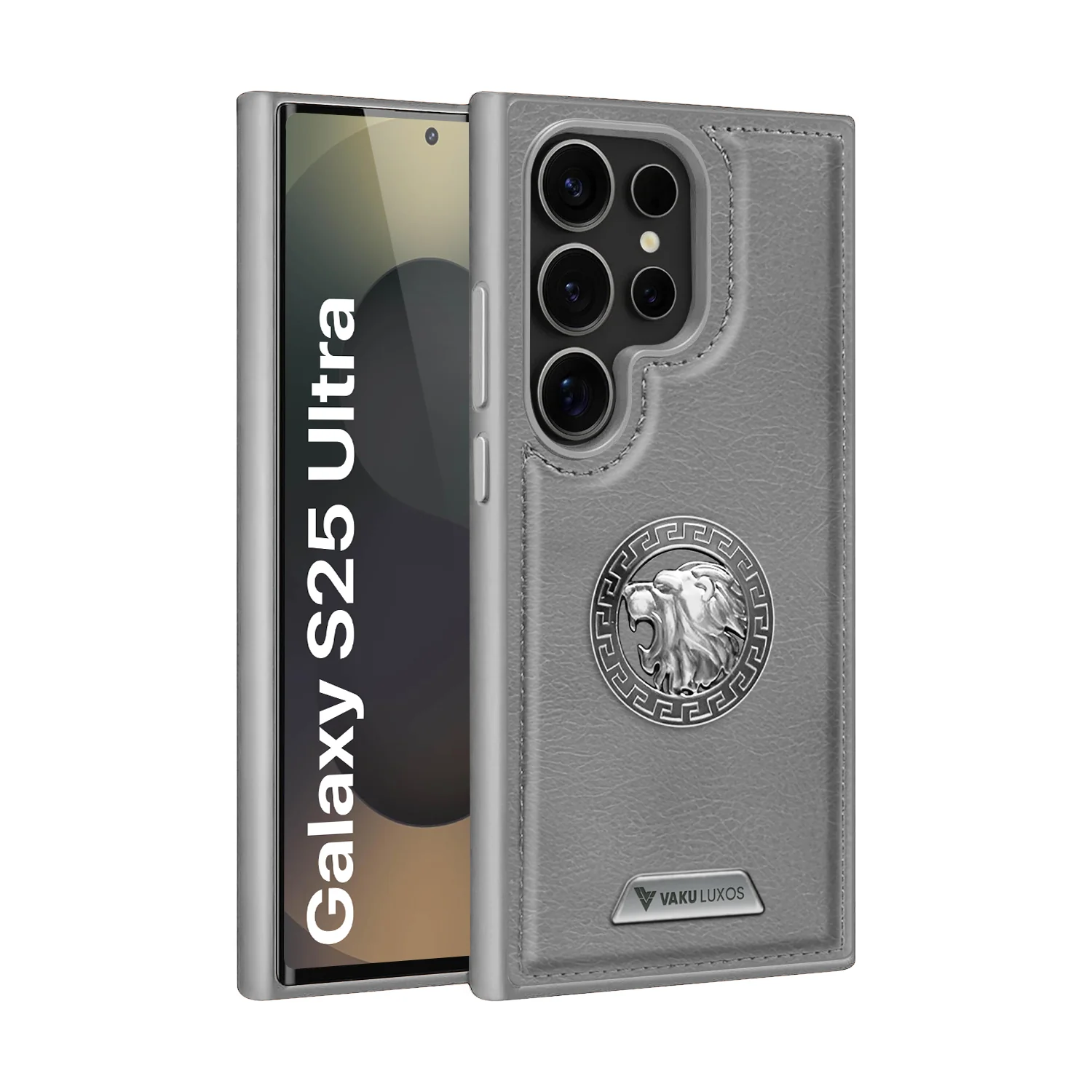 Vaku ® Samsung Galaxy S25 Ultra Regal Shield Metal Lion Engraved Leather Back Cover - Image 3