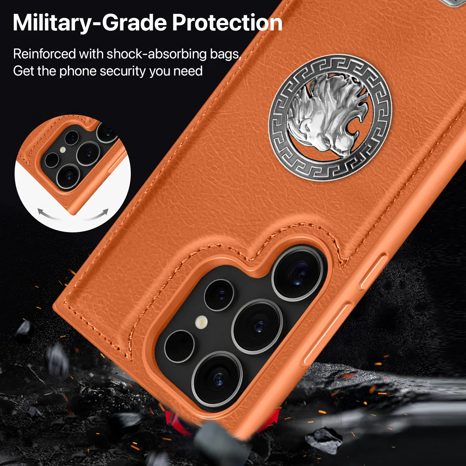Vaku ® Samsung Galaxy S25 Ultra Regal Shield Metal Lion Engraved Leather Back Cover - Image 4