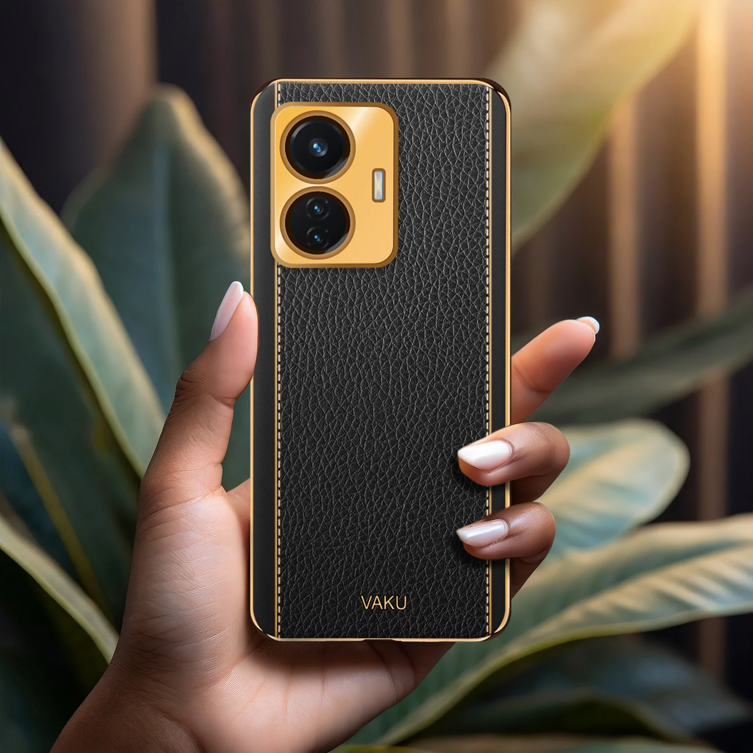 Vaku® Vivo T1 4G Luxemberg Series Leather Stitched Gold Electroplated Soft TPU Back Cover - Image 10