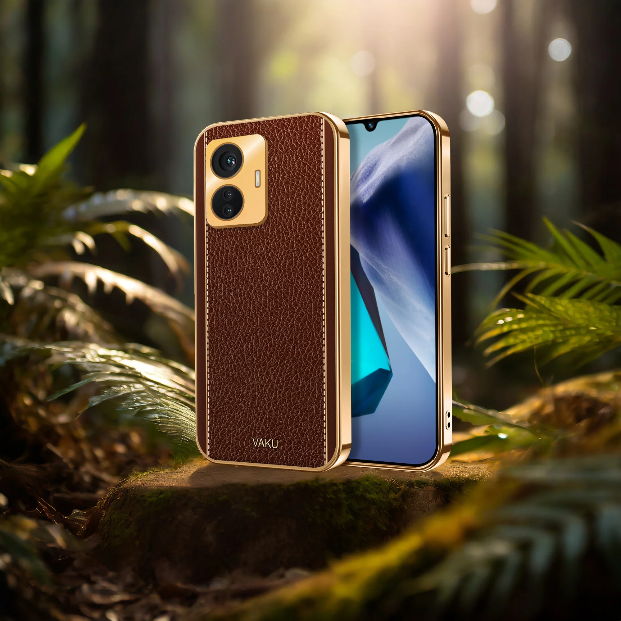 Vaku® Vivo T1 4G Luxemberg Series Leather Stitched Gold Electroplated Soft TPU Back Cover - Image 11