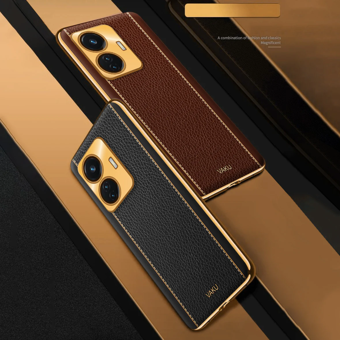 Vaku® Vivo T1 4G Luxemberg Series Leather Stitched Gold Electroplated Soft TPU Back Cover - Image 13