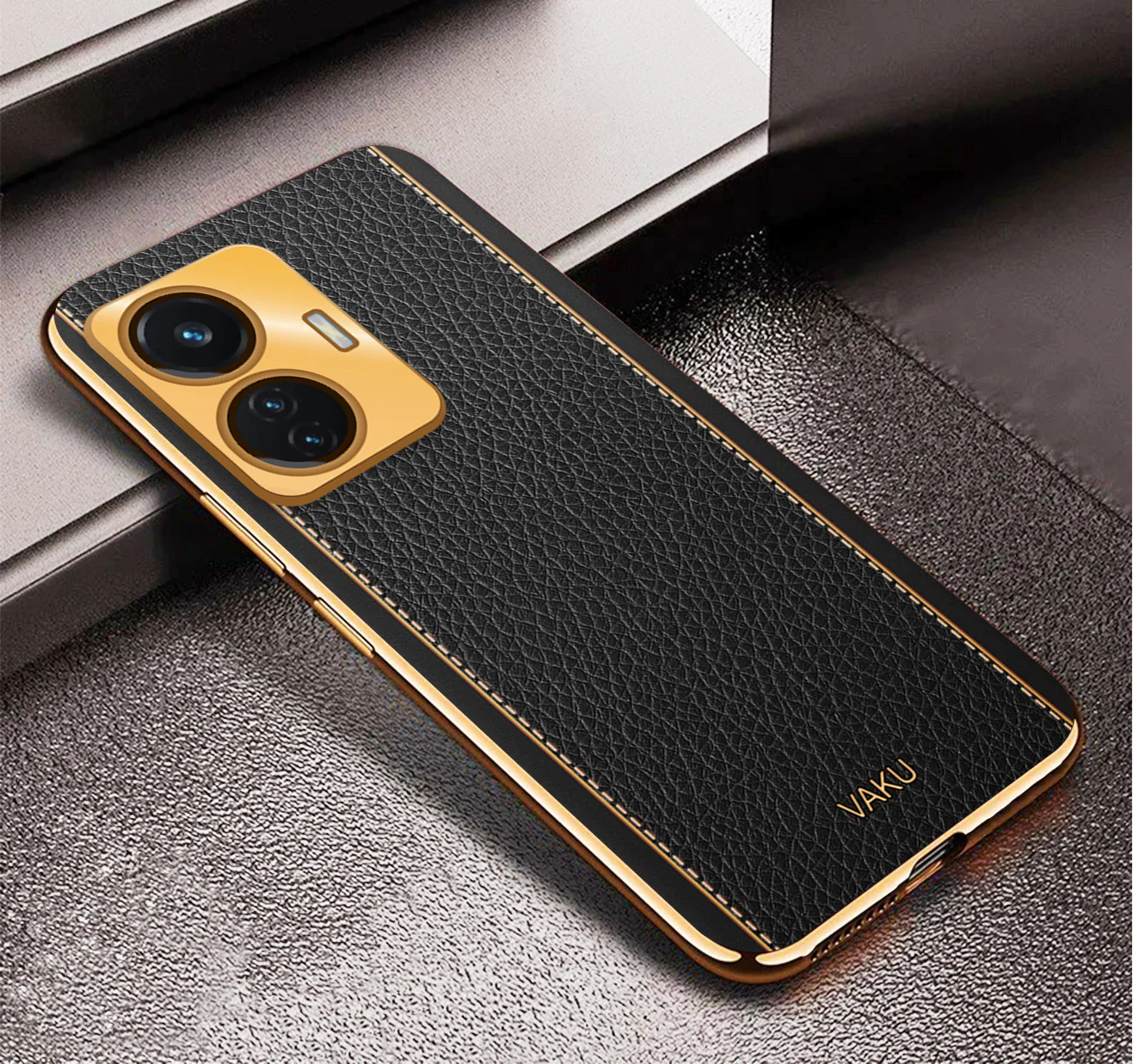 Vaku® Vivo T1 4G Luxemberg Series Leather Stitched Gold Electroplated Soft TPU Back Cover - Image 15