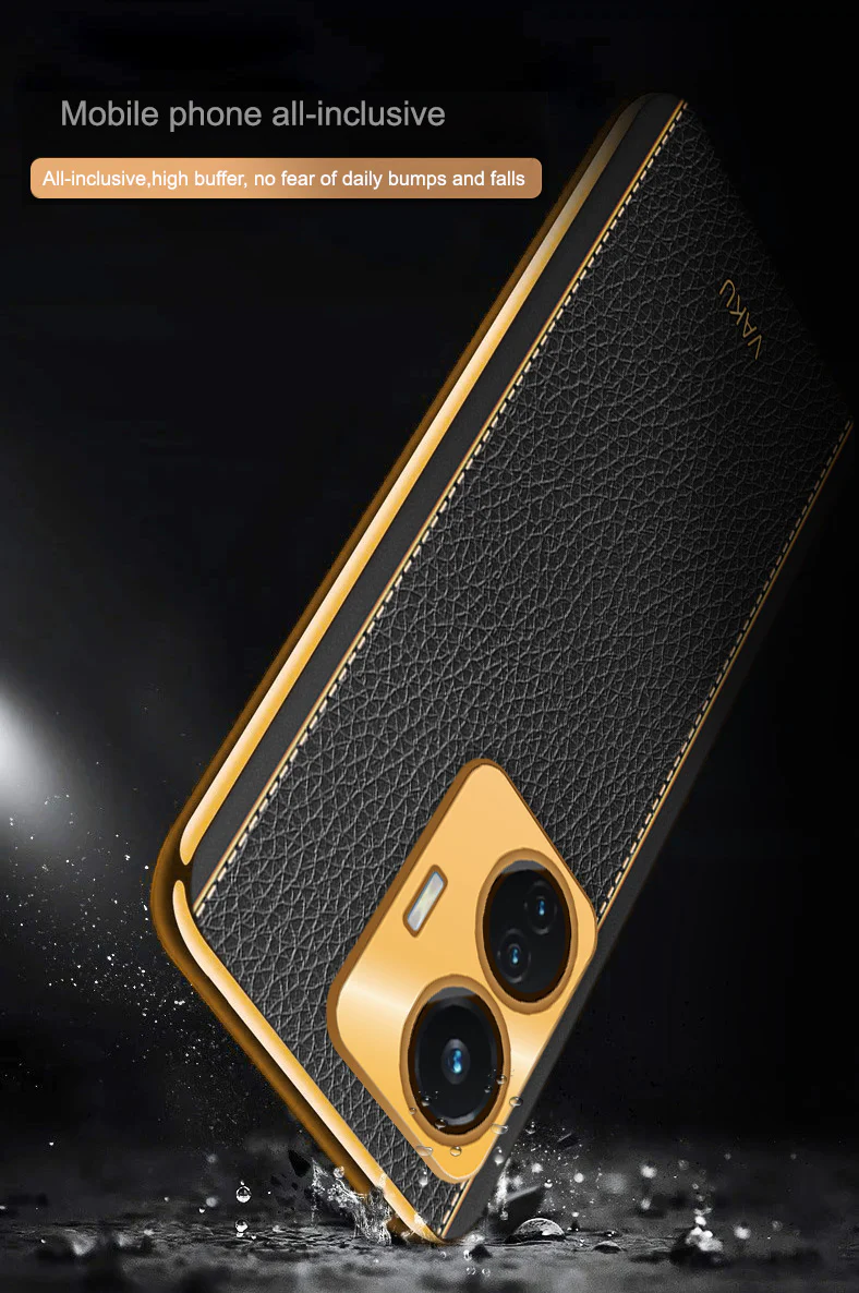 Vaku® Vivo T1 4G Luxemberg Series Leather Stitched Gold Electroplated Soft TPU Back Cover - Image 16