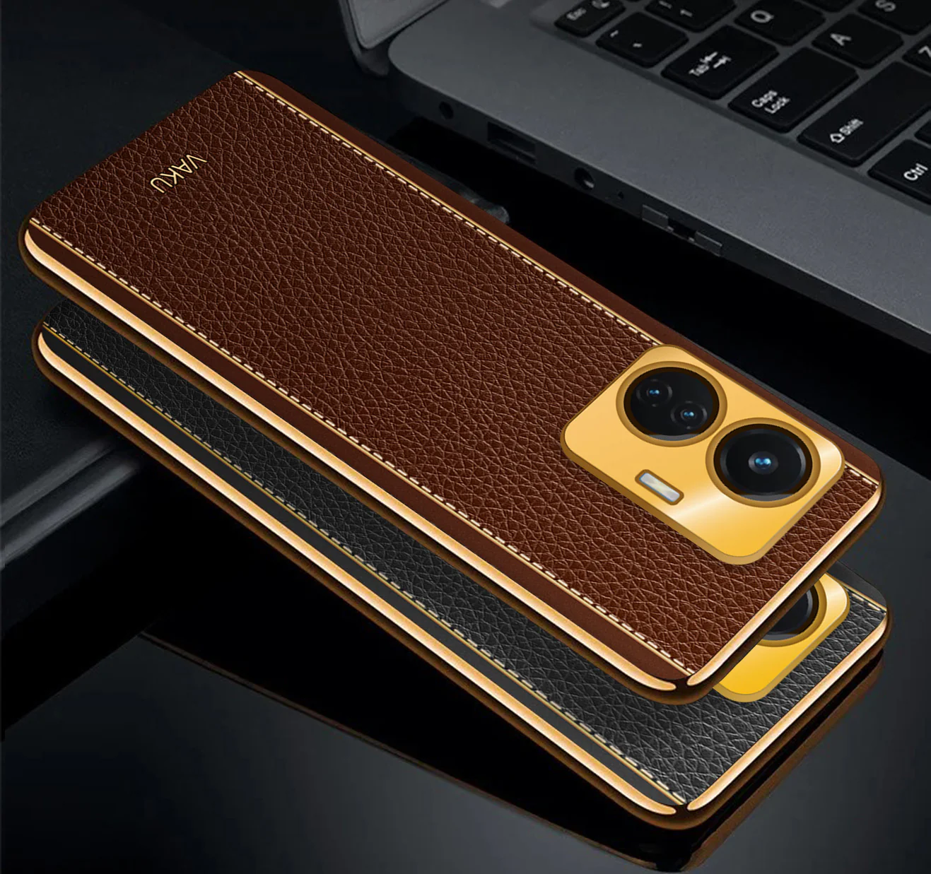 Vaku® Vivo T1 4G Luxemberg Series Leather Stitched Gold Electroplated Soft TPU Back Cover - Image 3