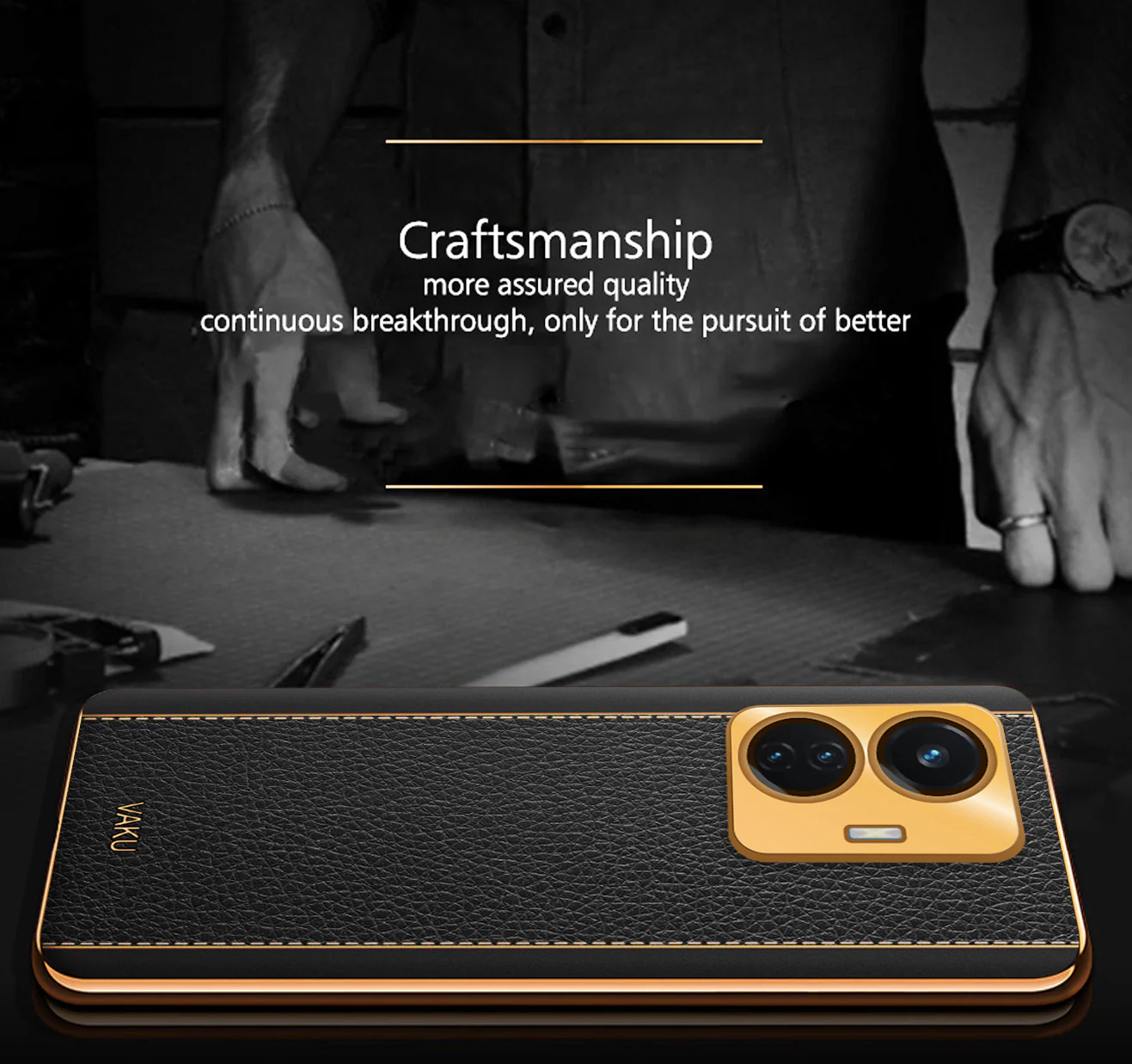 Vaku® Vivo T1 4G Luxemberg Series Leather Stitched Gold Electroplated Soft TPU Back Cover - Image 4