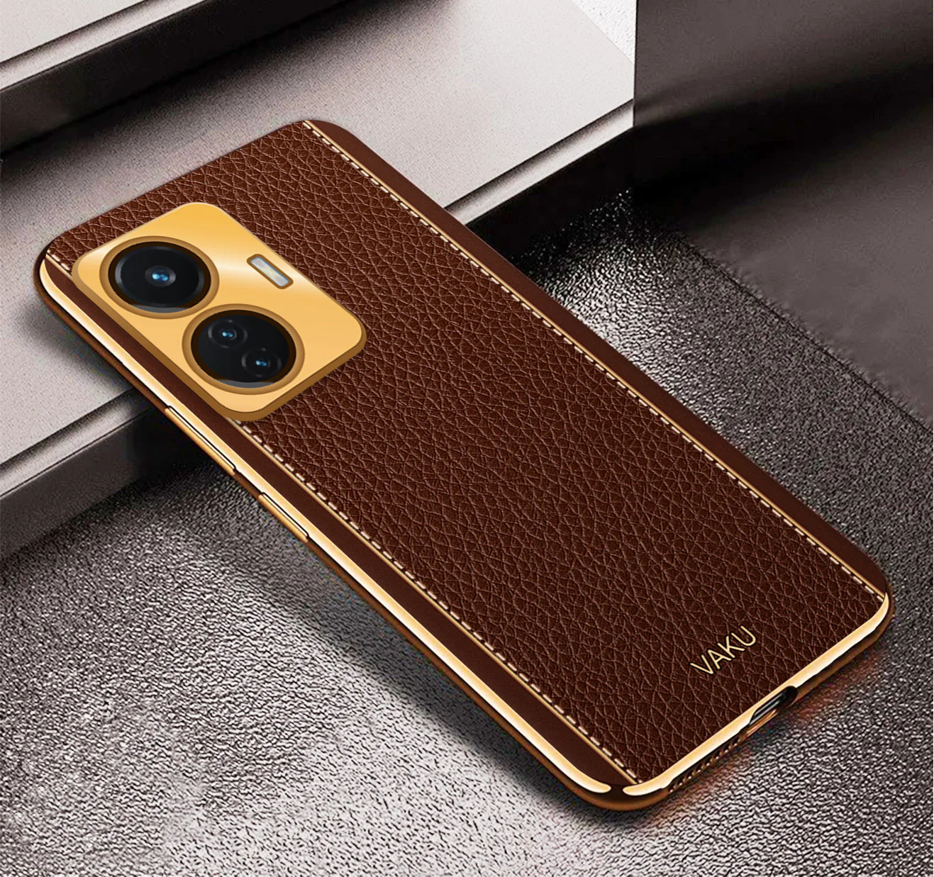 Vaku® Vivo T1 4G Luxemberg Series Leather Stitched Gold Electroplated Soft TPU Back Cover - Image 8