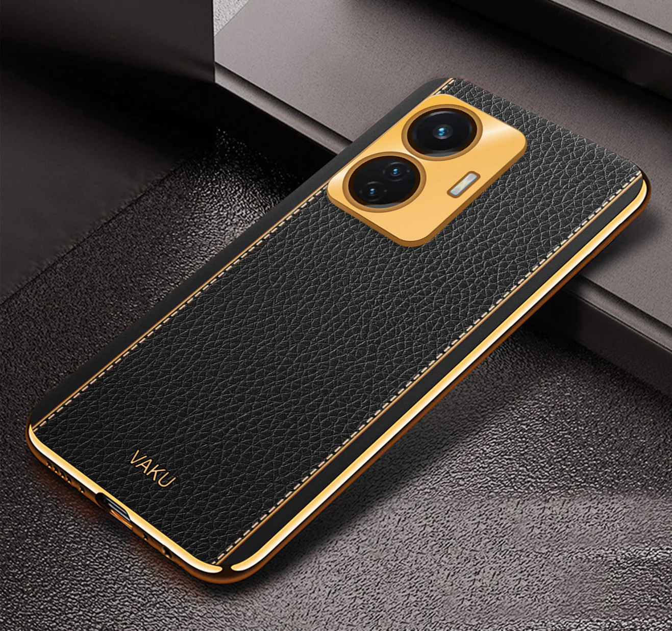Vaku® Vivo T1 4G Luxemberg Series Leather Stitched Gold Electroplated Soft TPU Back Cover - Image 9