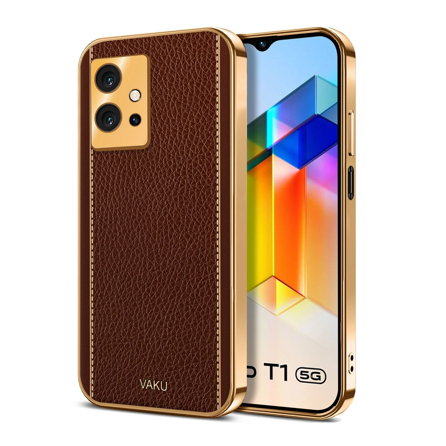 Vaku® Vivo T1 5G Luxemberg Series Leather Stitched Gold Electroplated Soft TPU Back Cover - Image 11