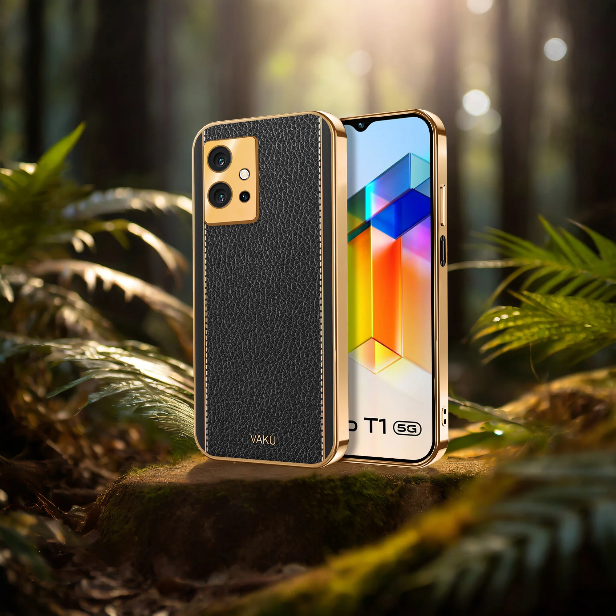 Vaku® Vivo T1 5G Luxemberg Series Leather Stitched Gold Electroplated Soft TPU Back Cover - Image 14
