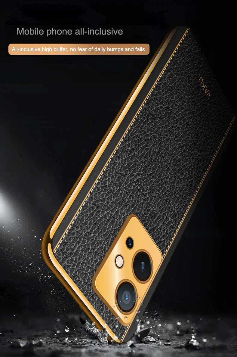 Vaku® Vivo T1 5G Luxemberg Series Leather Stitched Gold Electroplated Soft TPU Back Cover - Image 16