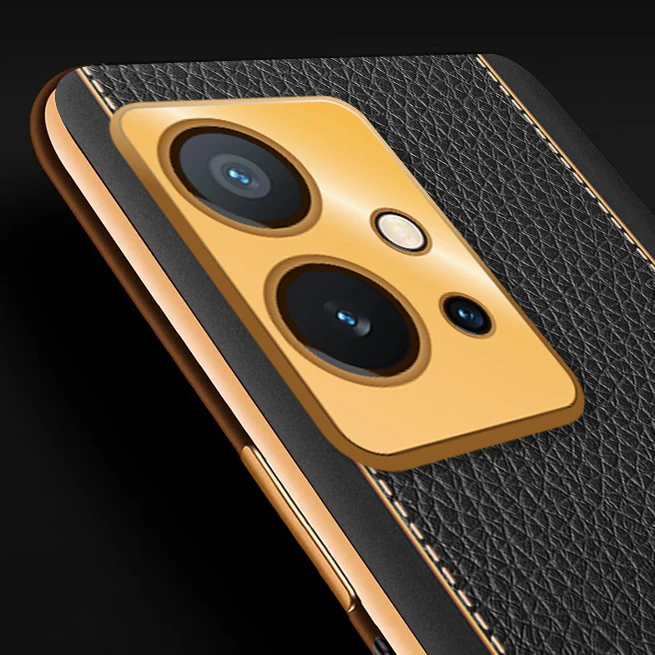 Vaku® Vivo T1 5G Luxemberg Series Leather Stitched Gold Electroplated Soft TPU Back Cover - Image 2