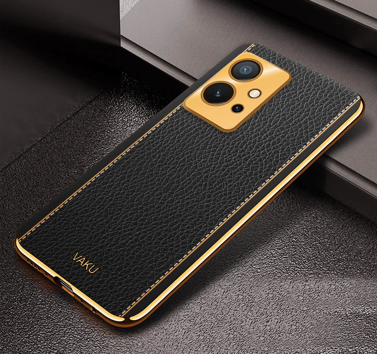 Vaku® Vivo T1 5G Luxemberg Series Leather Stitched Gold Electroplated Soft TPU Back Cover - Image 4
