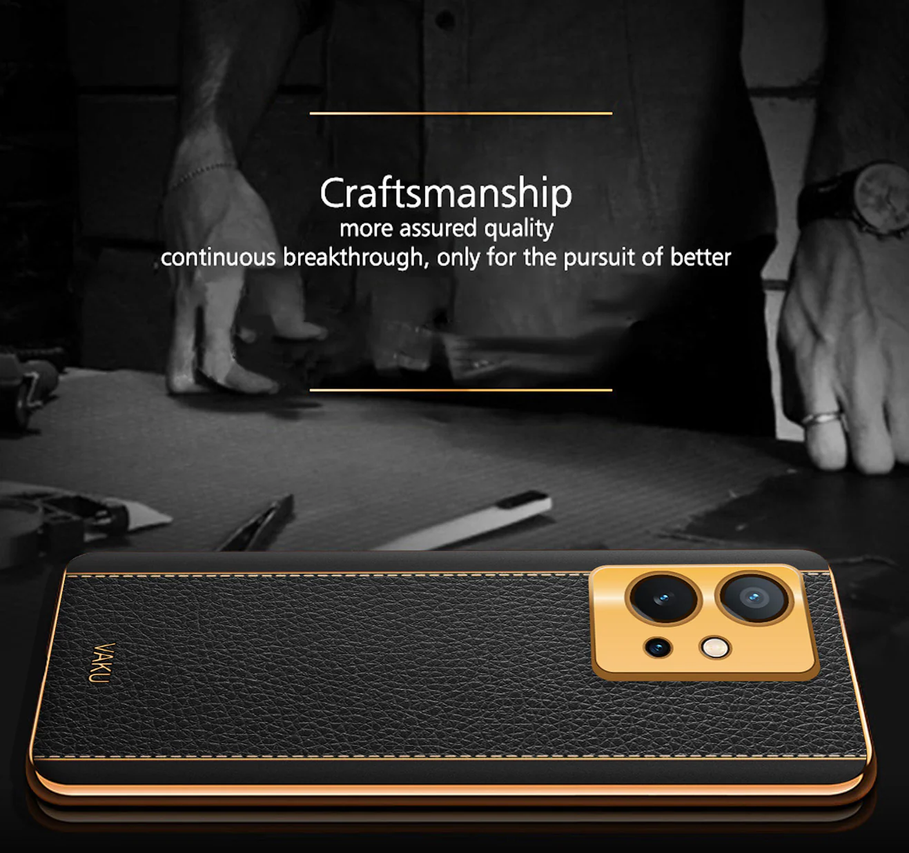 Vaku® Vivo T1 5G Luxemberg Series Leather Stitched Gold Electroplated Soft TPU Back Cover - Image 6