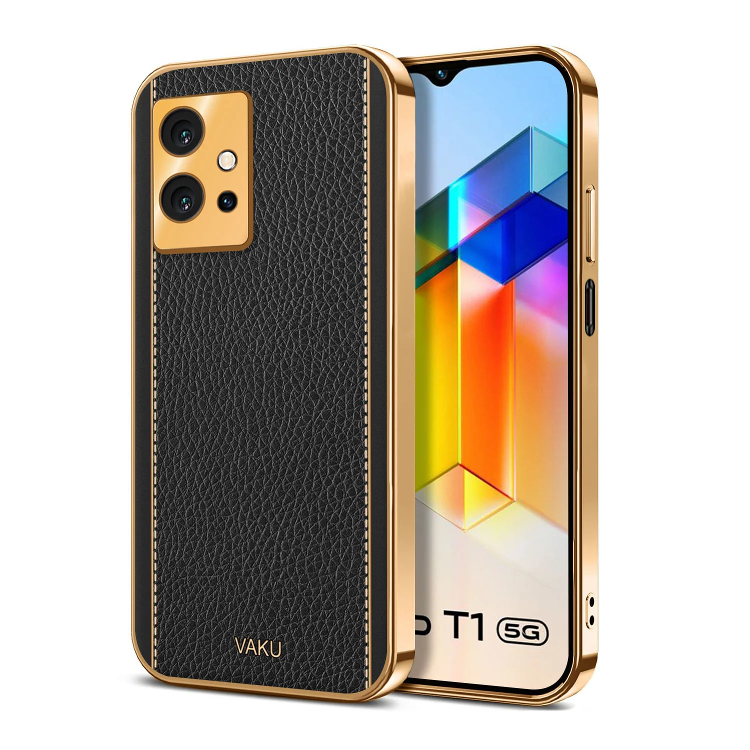 Vaku® Vivo T1 5G Luxemberg Series Leather Stitched Gold Electroplated Soft TPU Back Cover - Image 7