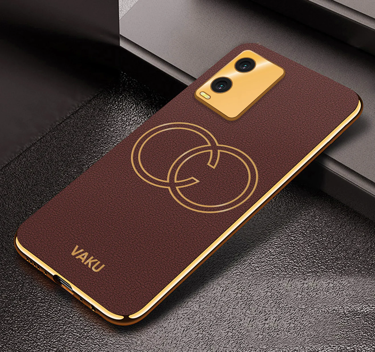 Vaku® Vivo T1x  Skylar Leather Pattern Gold Electroplated Soft TPU Back Cover - Image 4